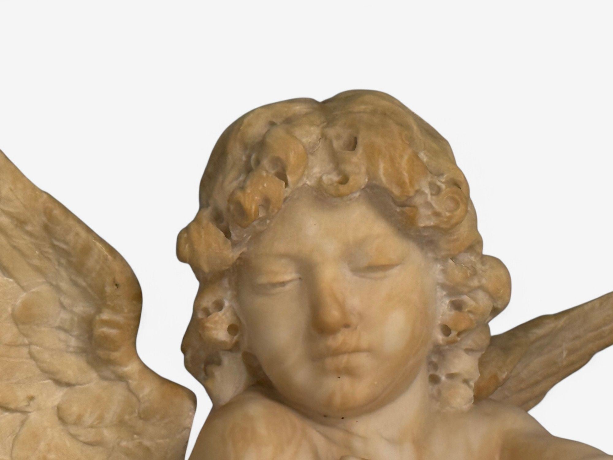 Neoclassical, Winged Angel On Pillow, Alabaster Statue on Pedestal, Italy, 1920s
