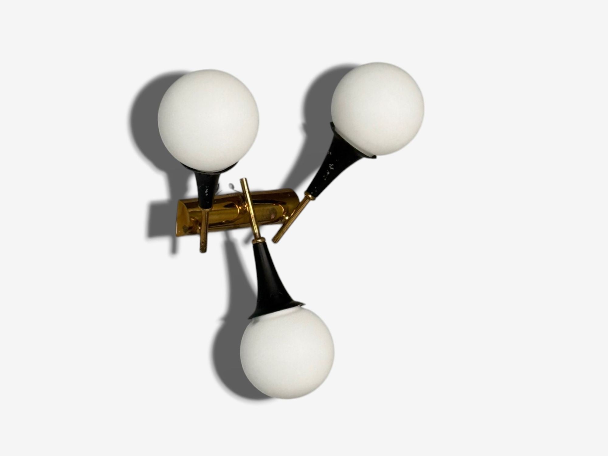 Stilnovo, Italian Mid-Century Modern, Brass, Glass, Three Light Sconce, 1950s