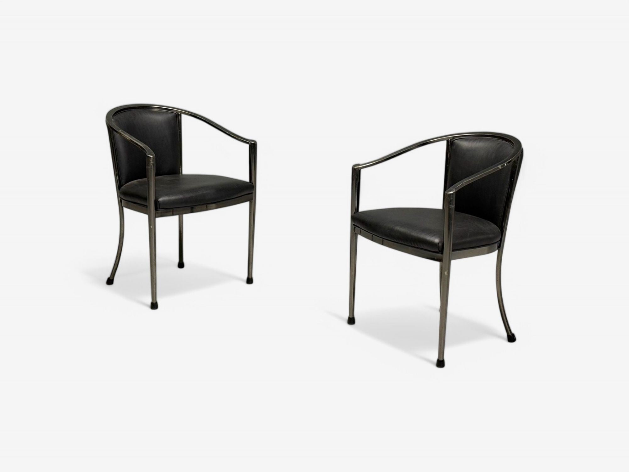 Karl Springer Style, Mid-Century Modern, Gunmetal, Leather, Armchairs, 20th c.
