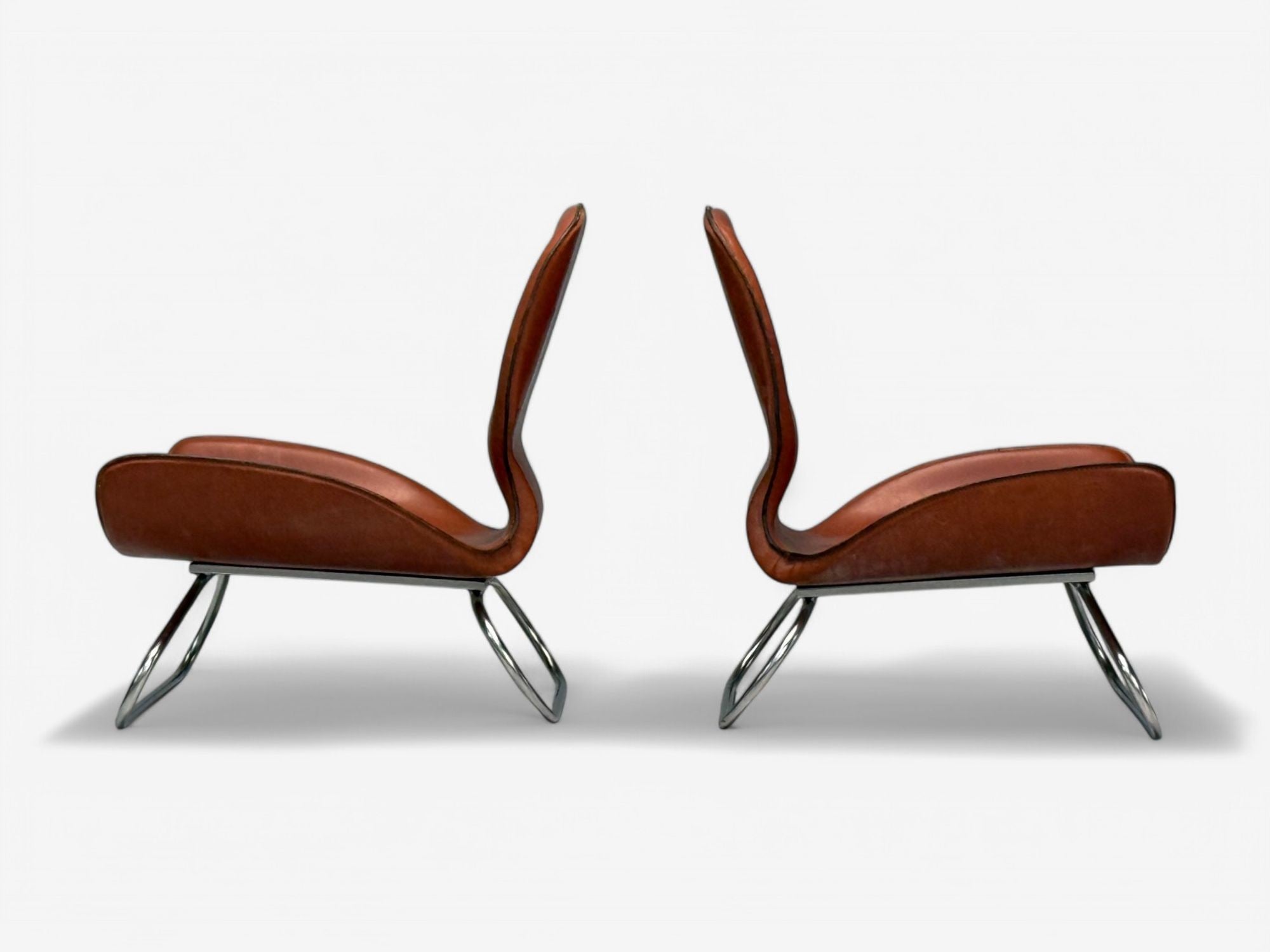 KOI, Modern, Cognac Leather, Nickel, K-3 Low Lounge Chairs, England, 2000s