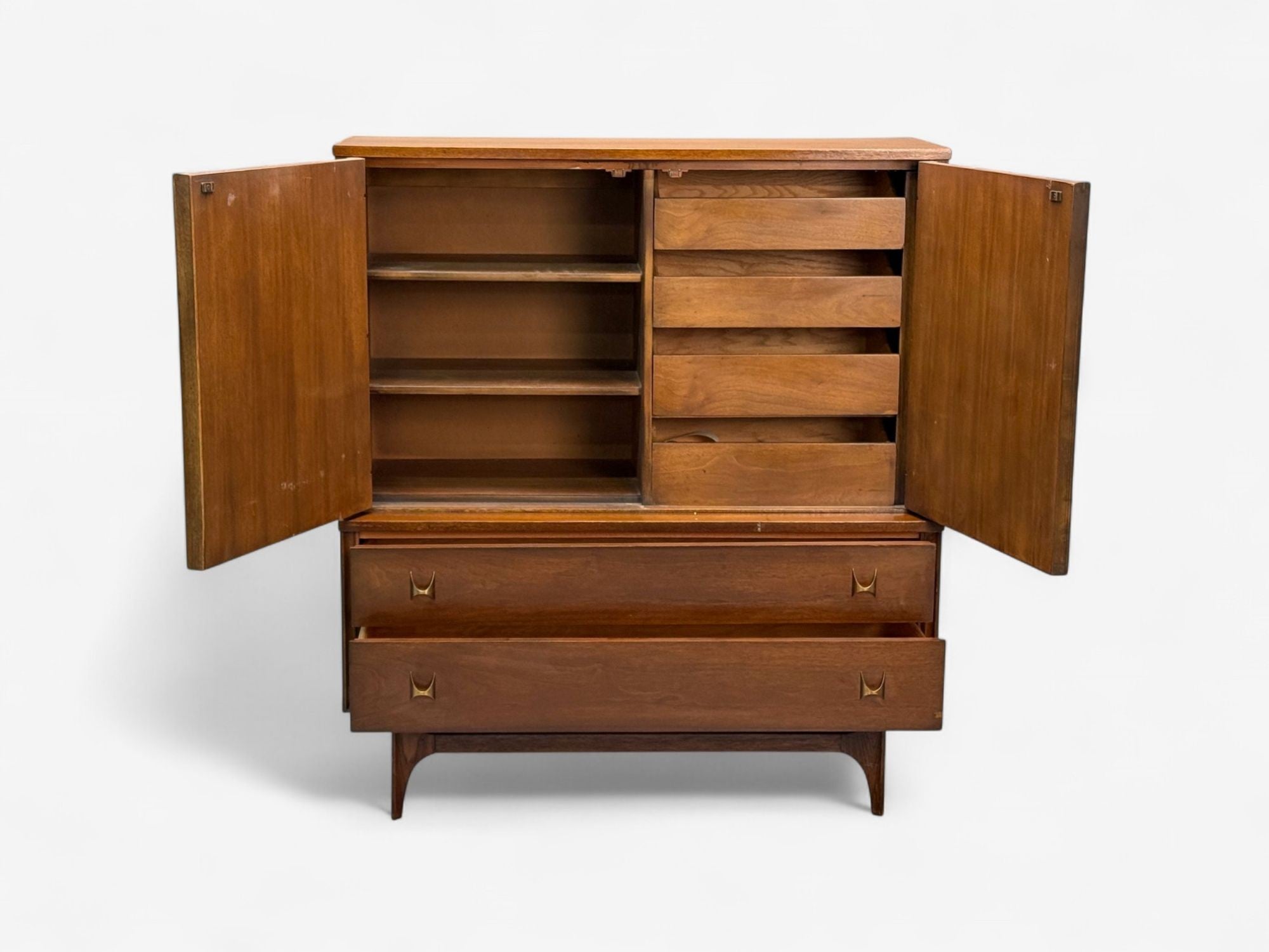 Broyhill Brasilia, Mid-Century Modern, Walnut, Brass, Highboy, USA, 1960s