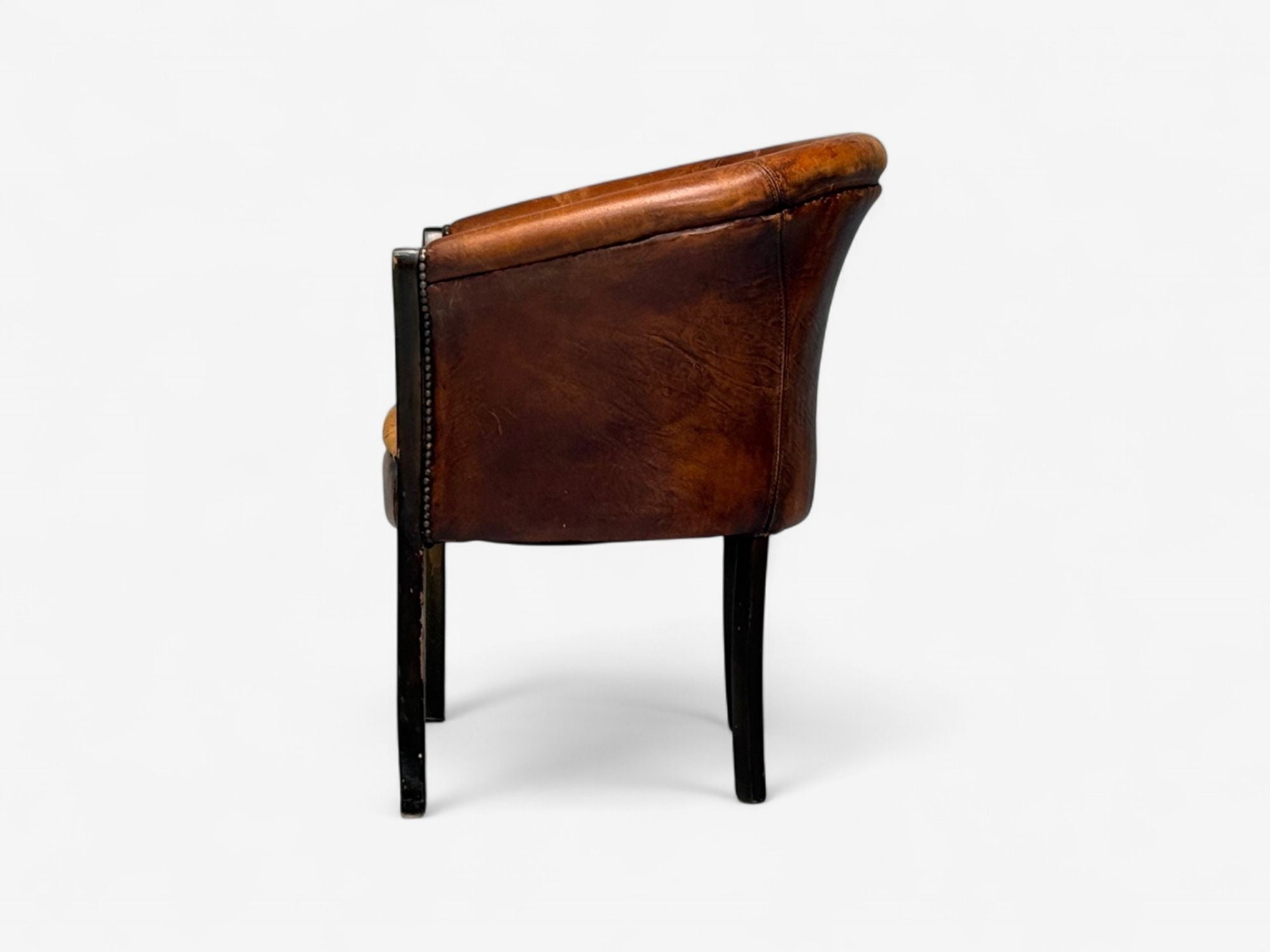 Georgian Style, Distressed Brown Leather, Stained Wood, Tub Chair, USA, 1960s