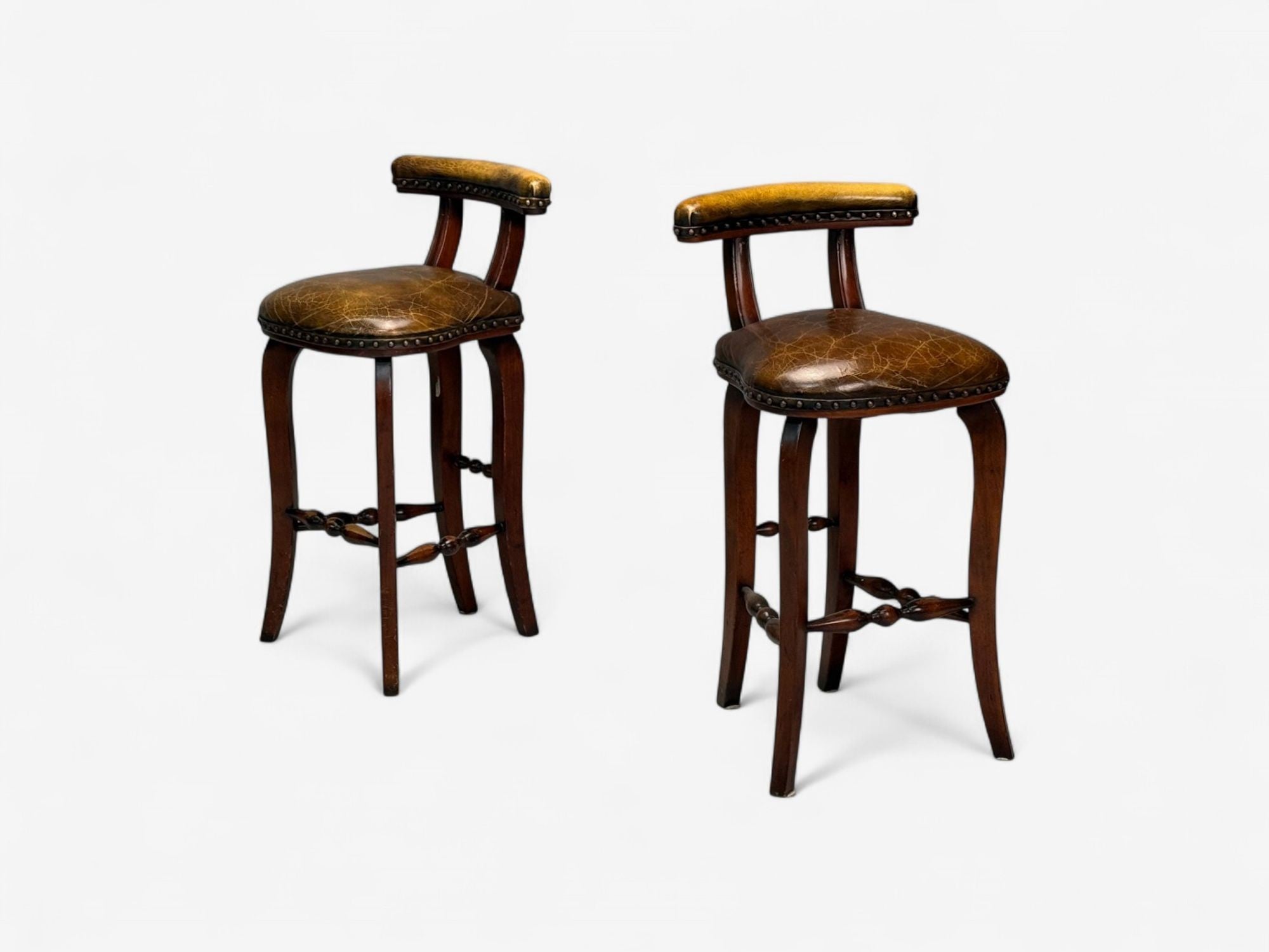 Georgian Style, Distressed Brown Leather, Stained Wood, Six Bar Stools, 20th C.