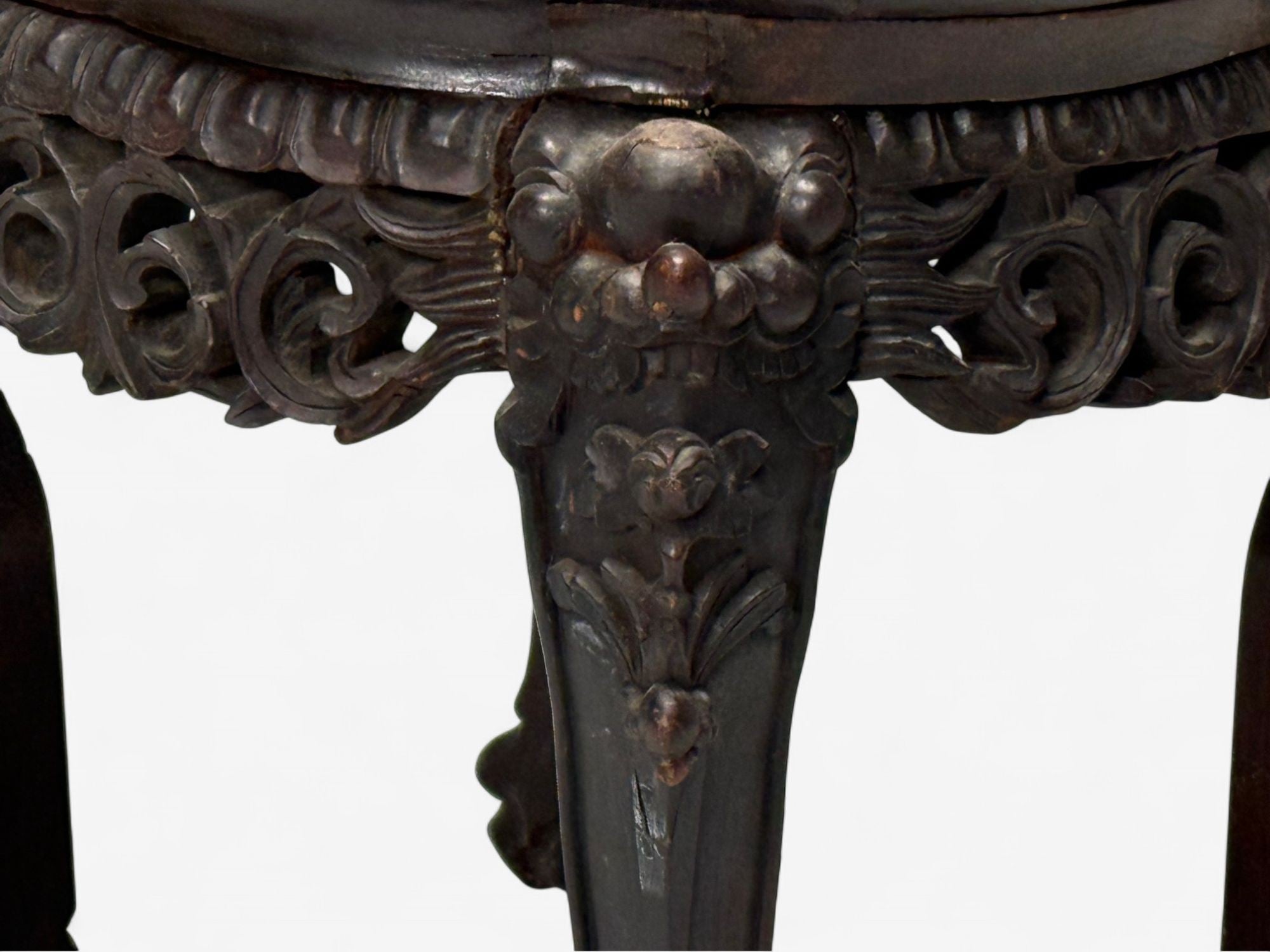 Chinese Export, Carved Hardwood Table, Marble, Low Pedestal, China, 1930s