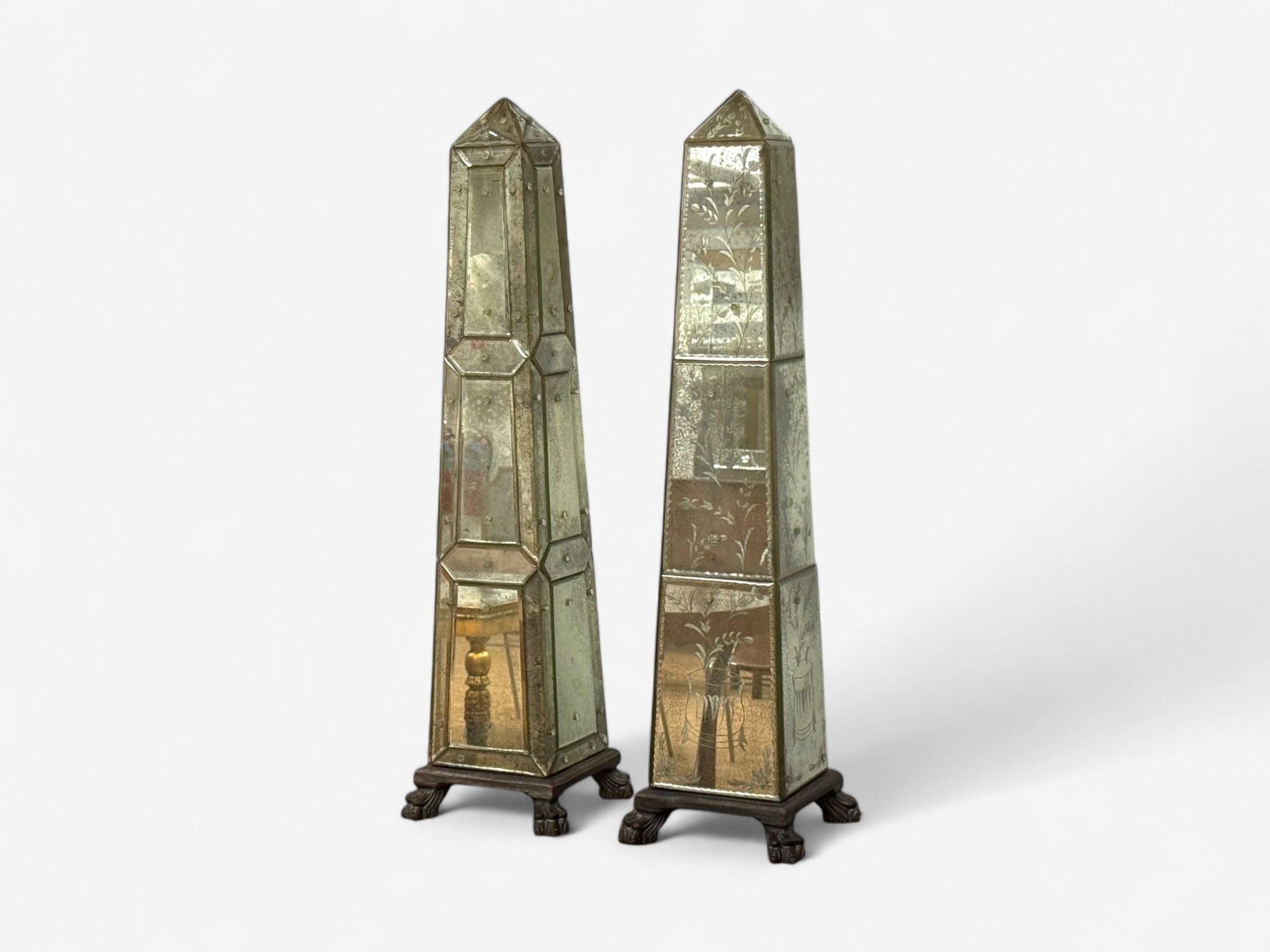 Venetian, Etched Glass Panels, Distressed Mirror, Obelisks, 20th C.