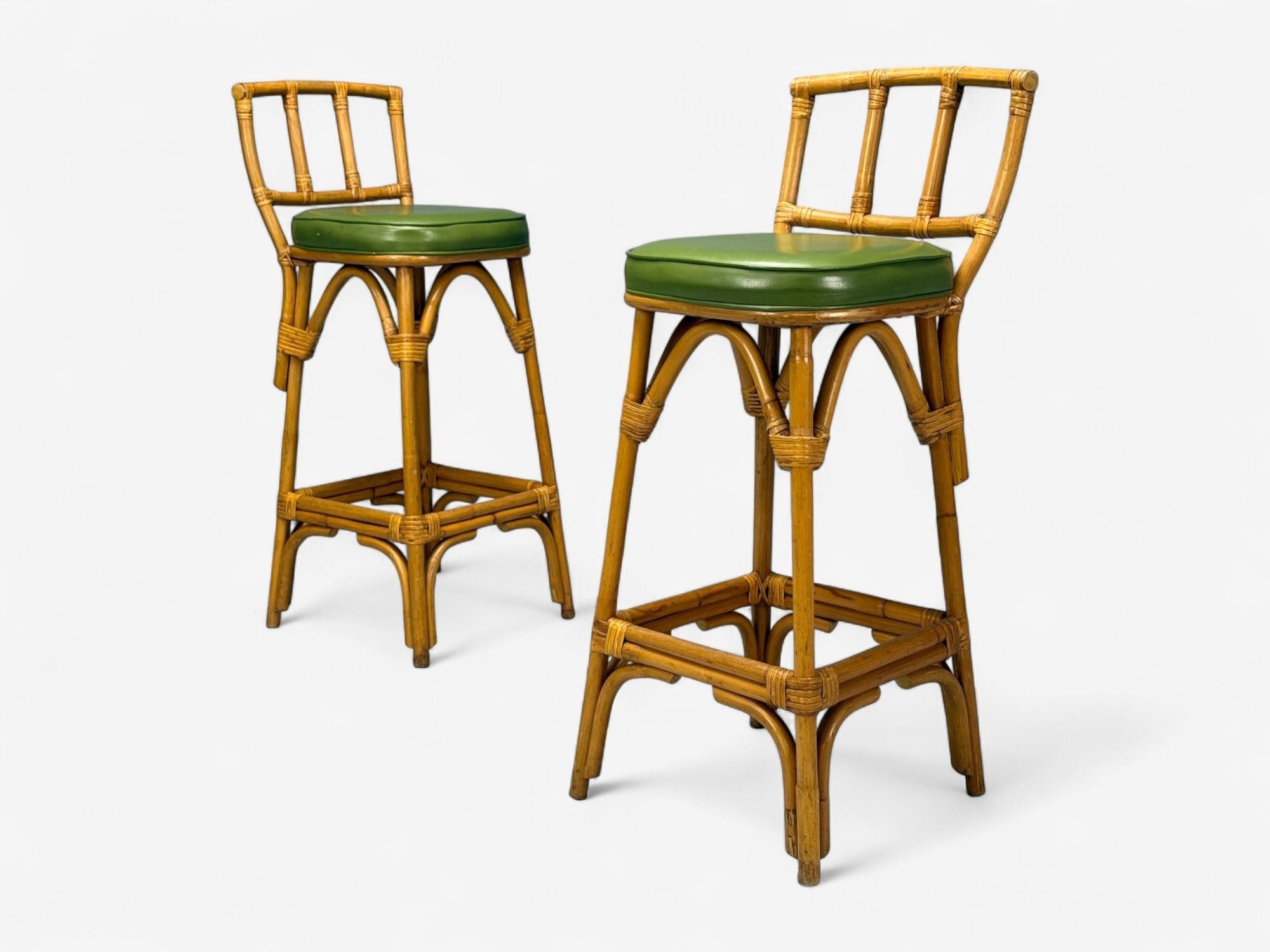 Dutch Modern, Bamboo, Green Leather, Five Barstools, Netherlands, 1970s