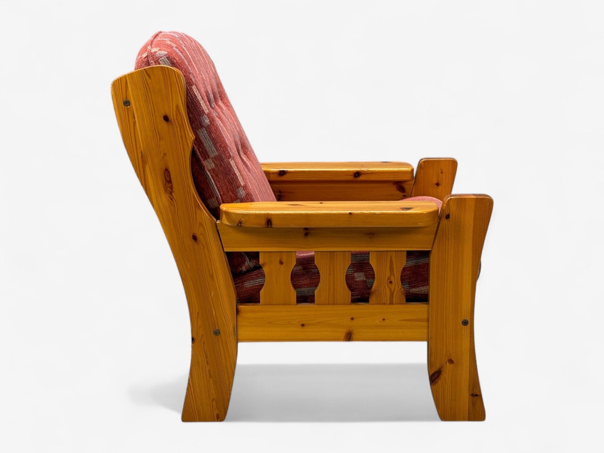 Swedish Modern, Pine, Red Fabric, Brutalist Lounge Chairs, Sweden, 1950s