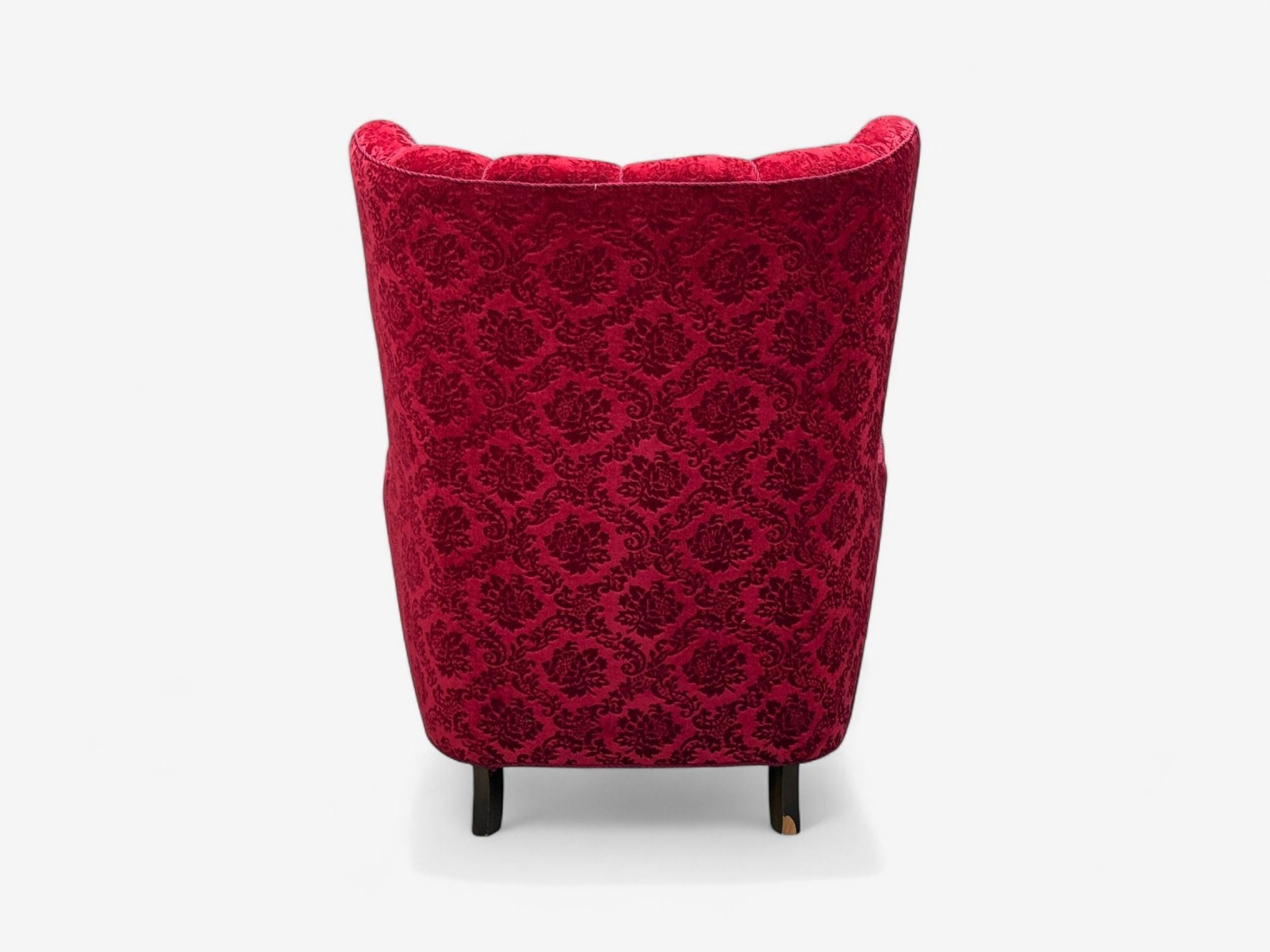 Danish Cabinetmaker, Red Damask, Wood, Lounge Chair, Denmark, 1950s