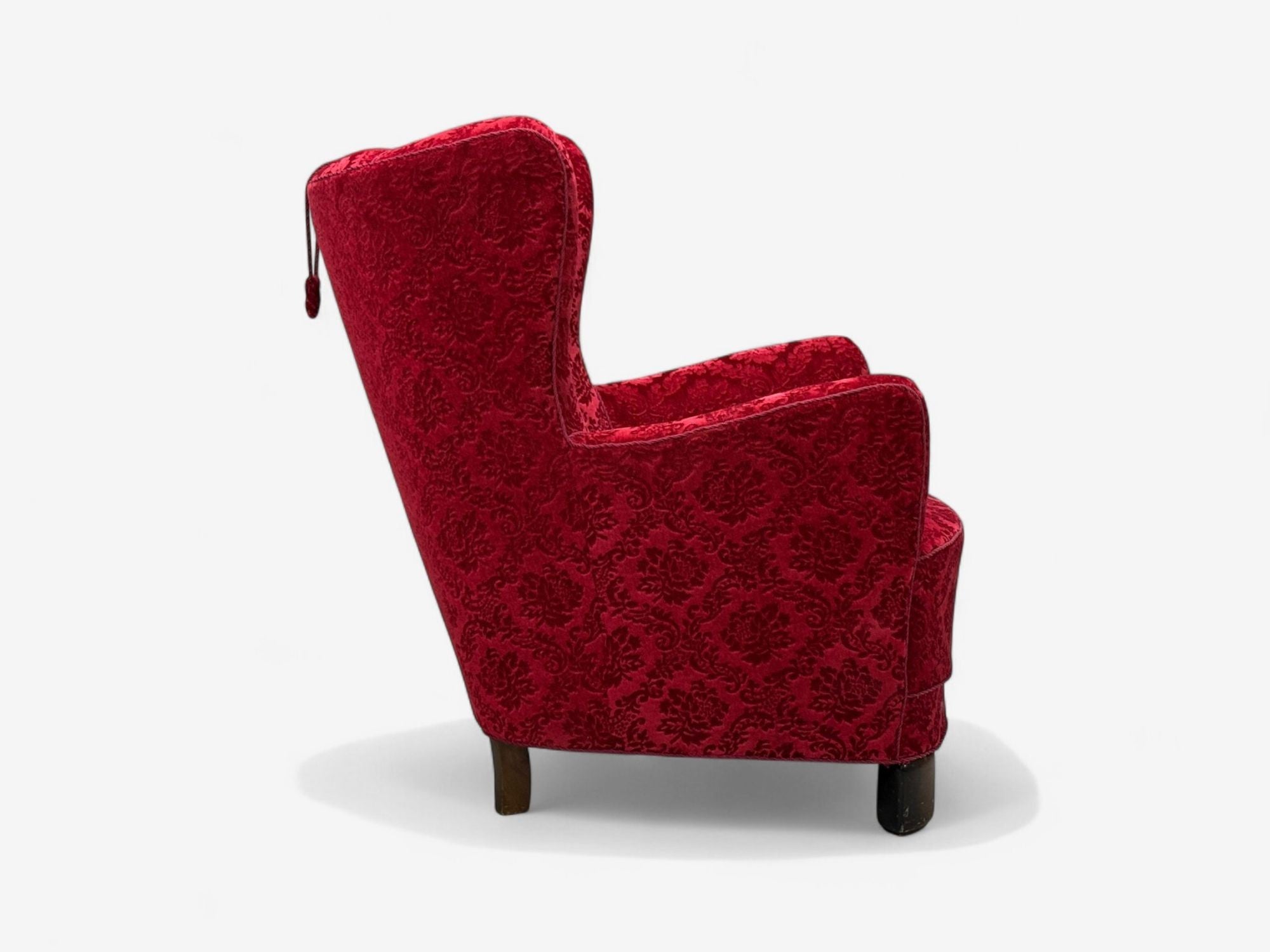 Danish Cabinetmaker, Red Damask, Wood, Lounge Chair, Denmark, 1950s