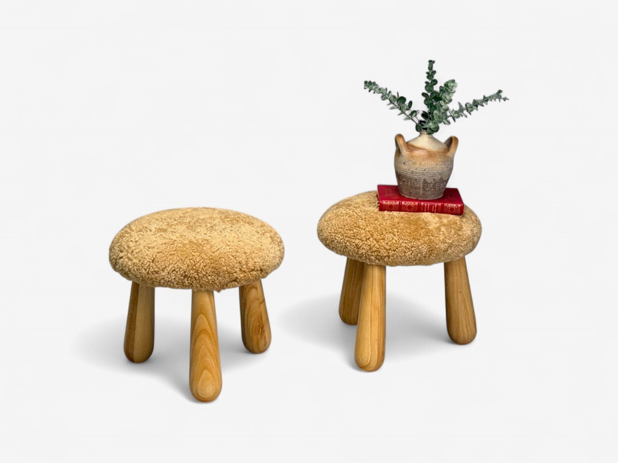 Danish Modern Style, Honey Sheepskin, Maple, Shearling Footstools, 21st C.