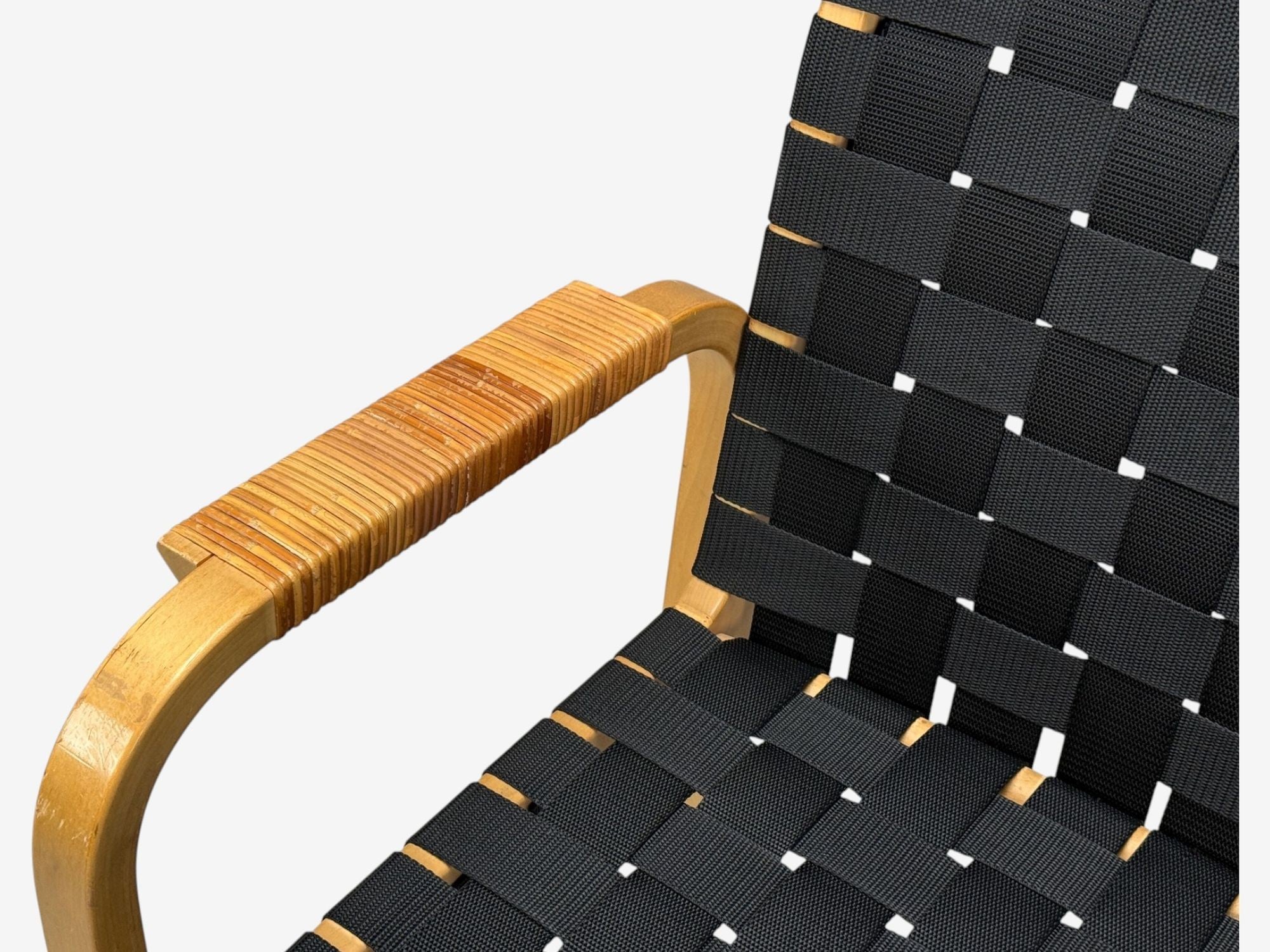 Alvar Aalto, Birch, Rattan, Black Linen Webbing, Armchairs, Finland, 1980s