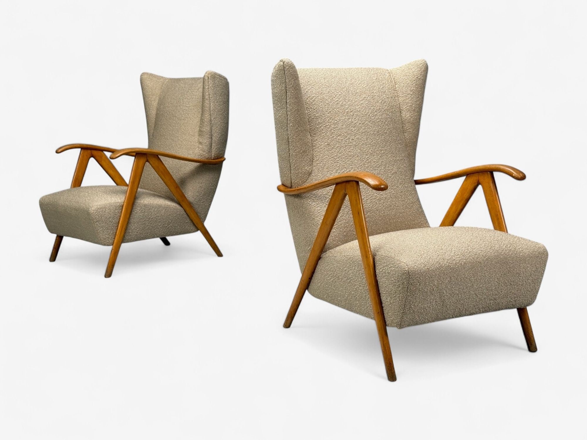 Italian Modern, Beige Boucle, Wood, Sculptural Lounge Chairs, Italy, 1960s
