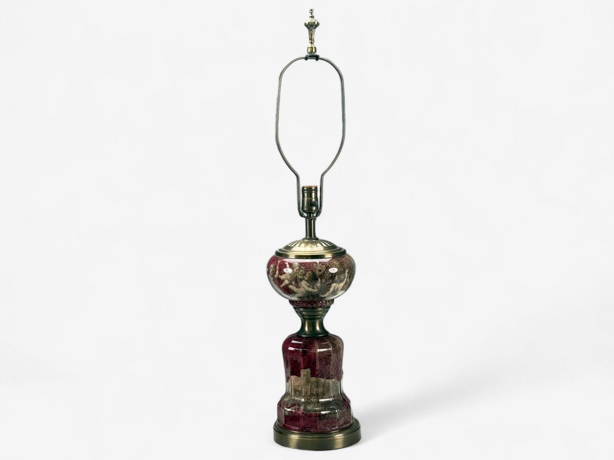 Neoclassical, Cranberry Glass, Decoupage Cherub Table Lamps, USA, 1930s