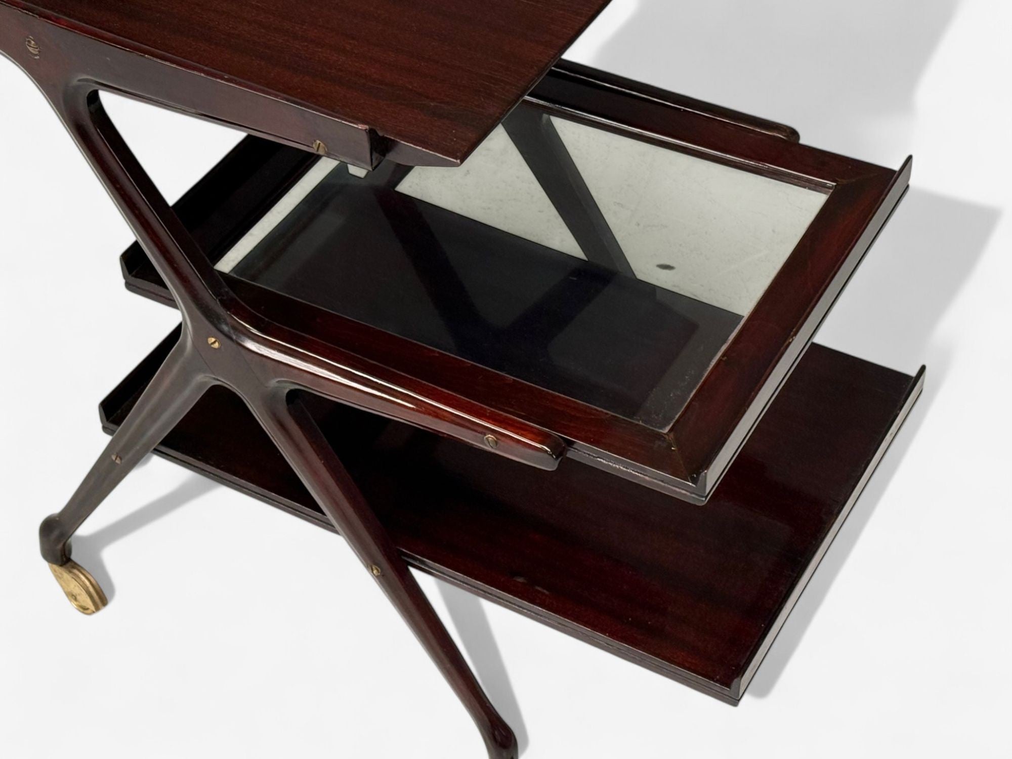 Ico Parisi Style, Italian Modern, Wood, Brass, Glass, Bar Cart, Italy, 1950s
