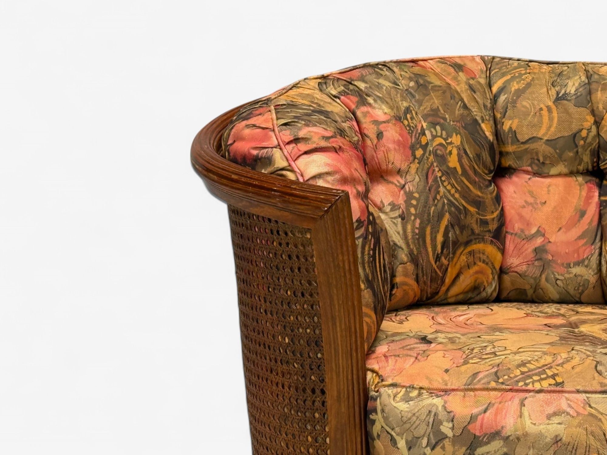 Traditional, Cane, Walnut, Barrel Back Armchair, USA, 1980s