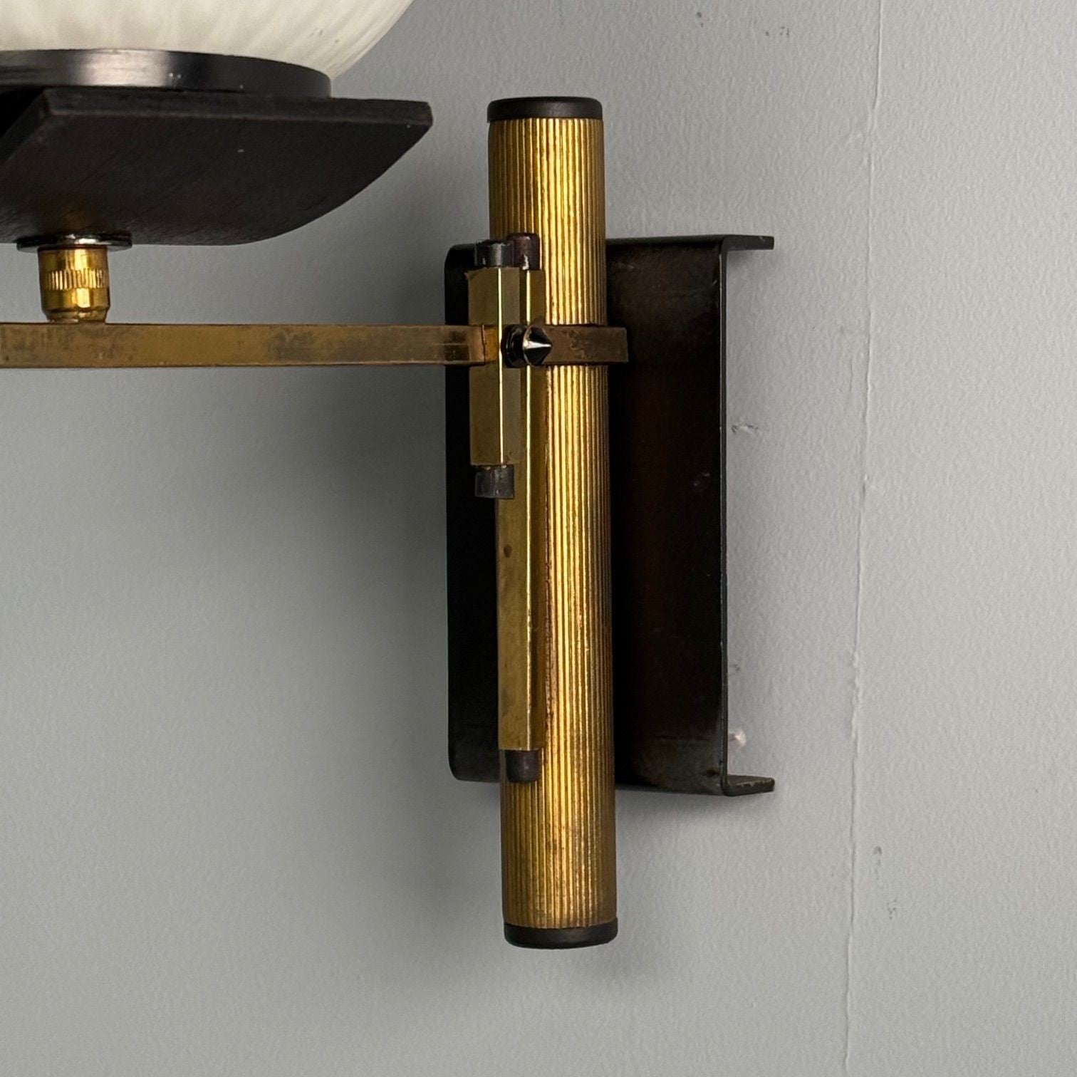 Stilux Attr., Italian Mid-Century Modern, Dome Wall Sconce, Brass, Iron, Glass