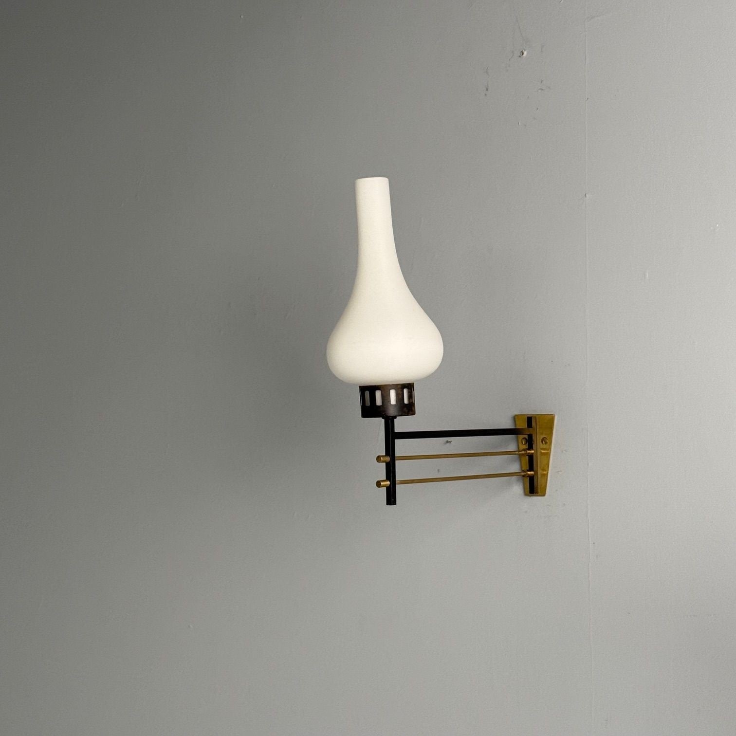 Italian Mid-Century Modern, Wall Sconces, Patinated Brass, Opaline Glass, 1950s