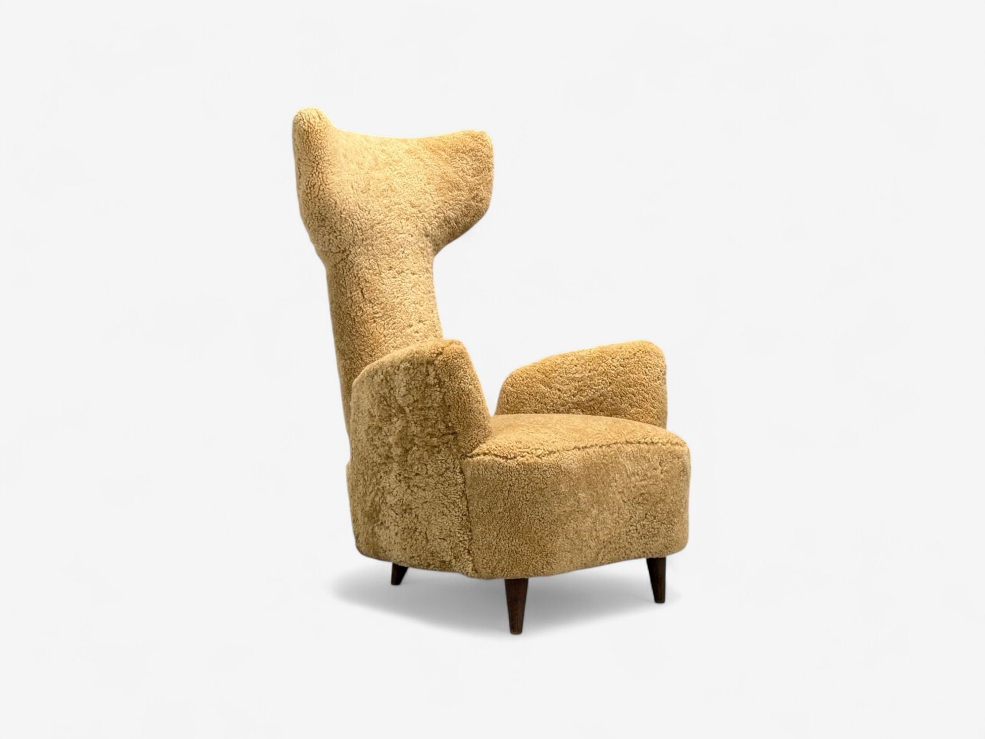 Renzo Zavanella, Honey Sheepskin, Wood, Rare Lounge Chairs, Italy, 1950s