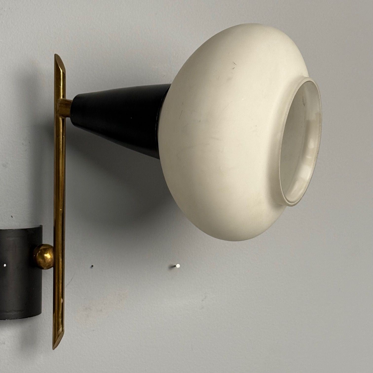 Italian Mid-Century Modern, Adjustable Wall Sconces, Brass, Opaline Glass, 1960s