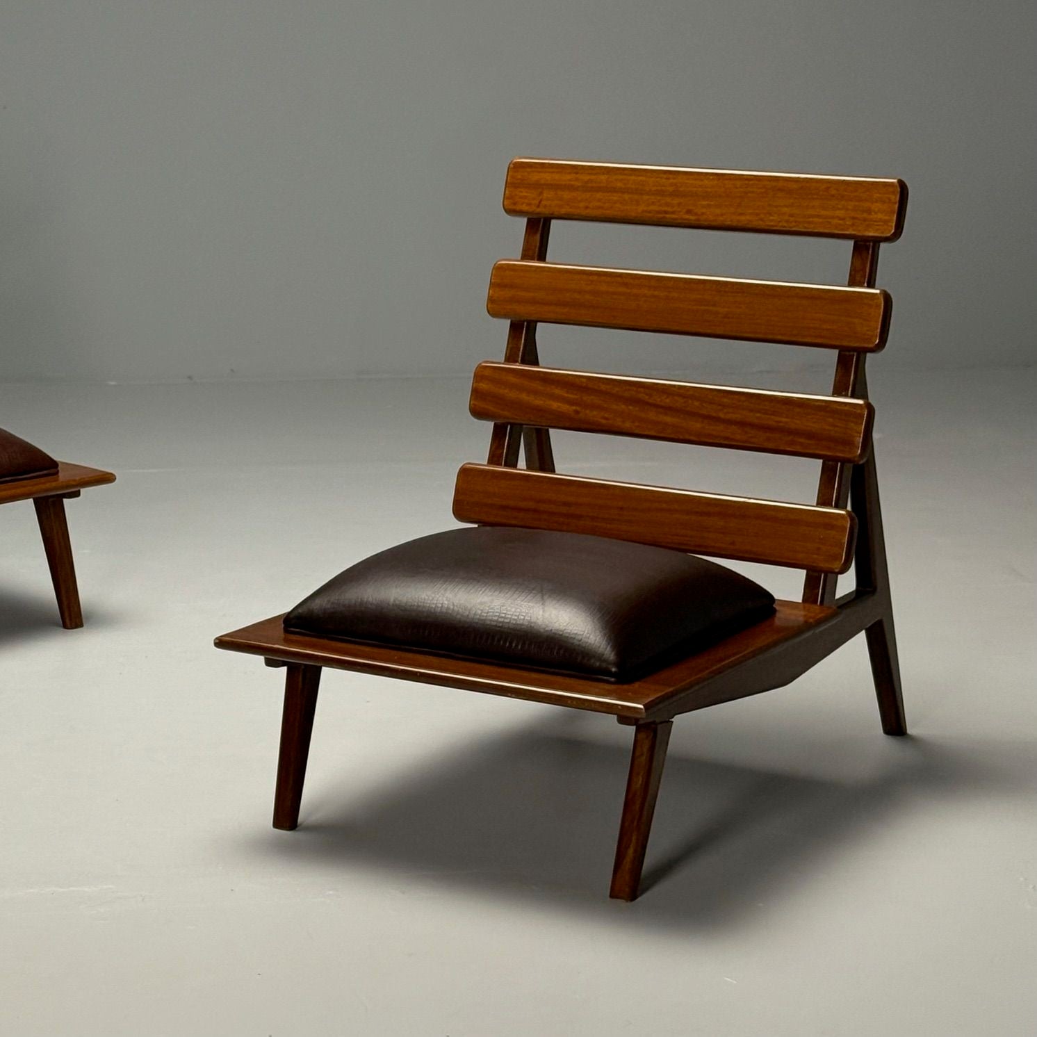 Brazilian Mid-Century Modern, Sculptural Lounge Chairs, Mahogany, Leather
