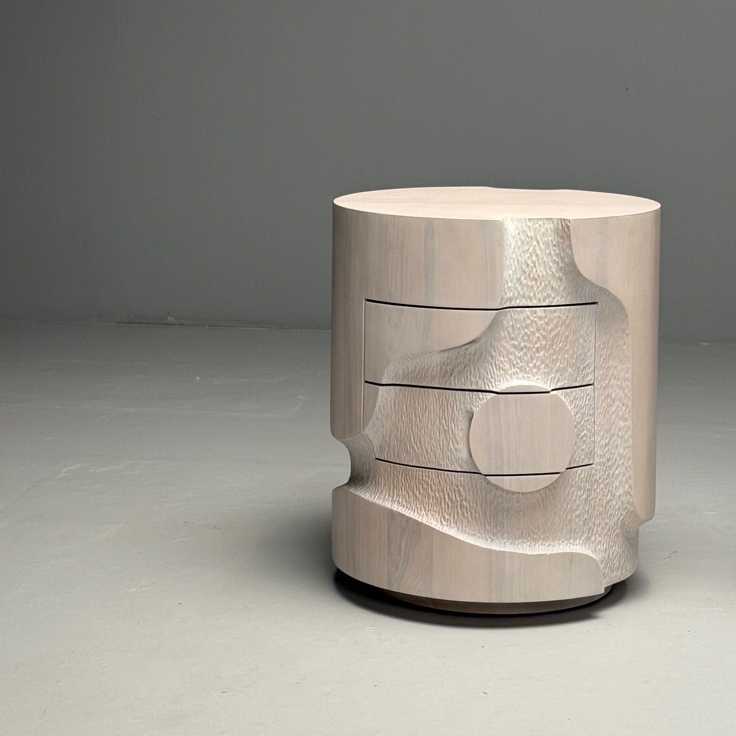 Contemporary, Organic Modern, Round Sculptural Nightstands, Bleached Ashwood