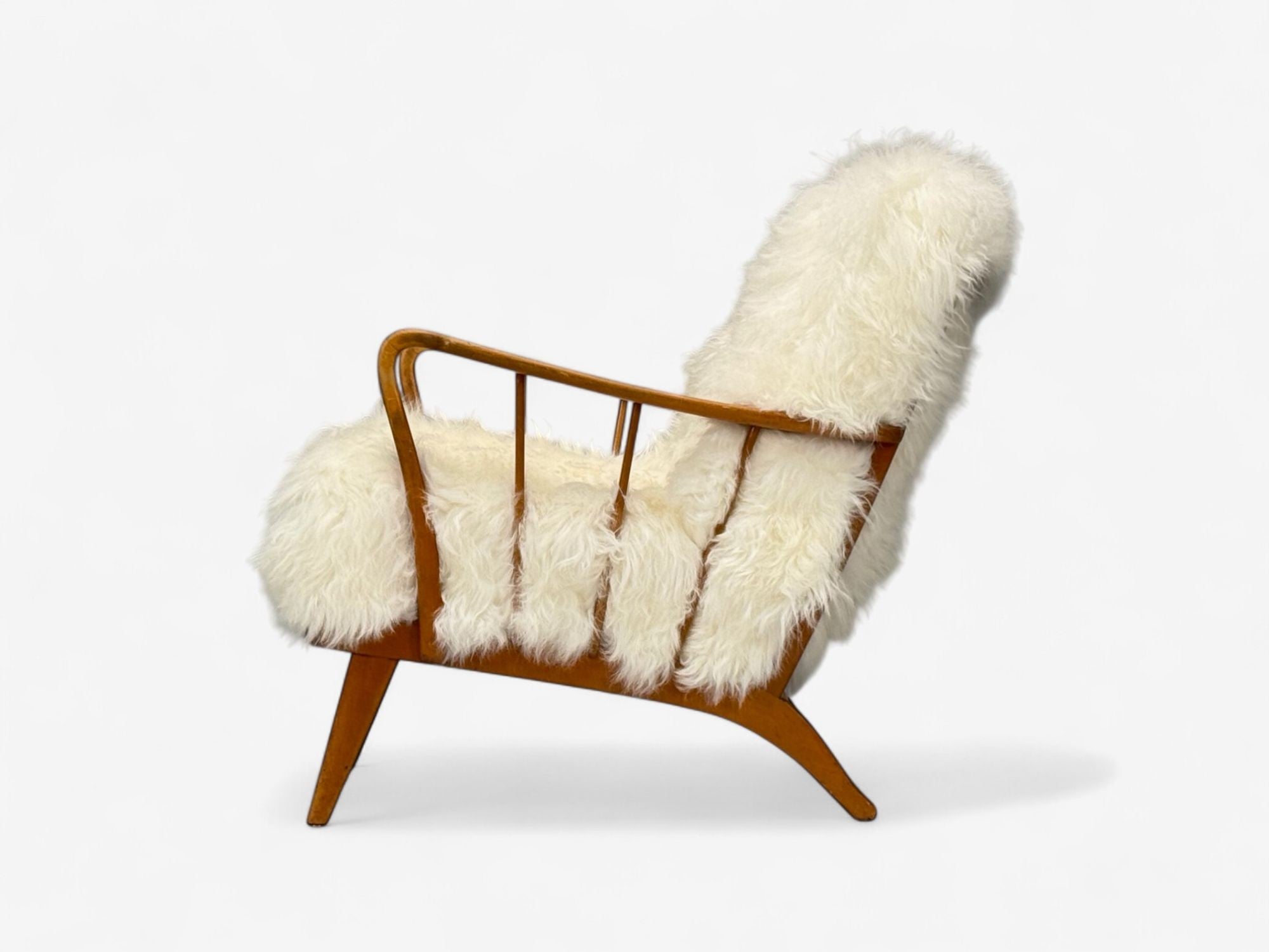 Danish Modern, Beech, Mongolian Fur, Lounge Chair, Denmark, 1950s