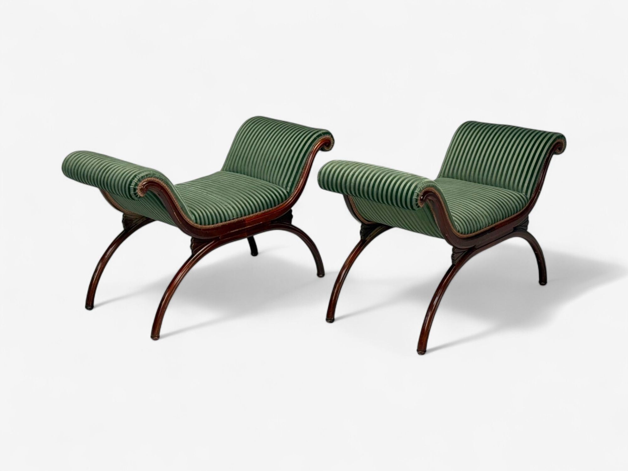 Hollywood Regency Style, Stained Wood, Green Fabric, Benches, USA, 1980s