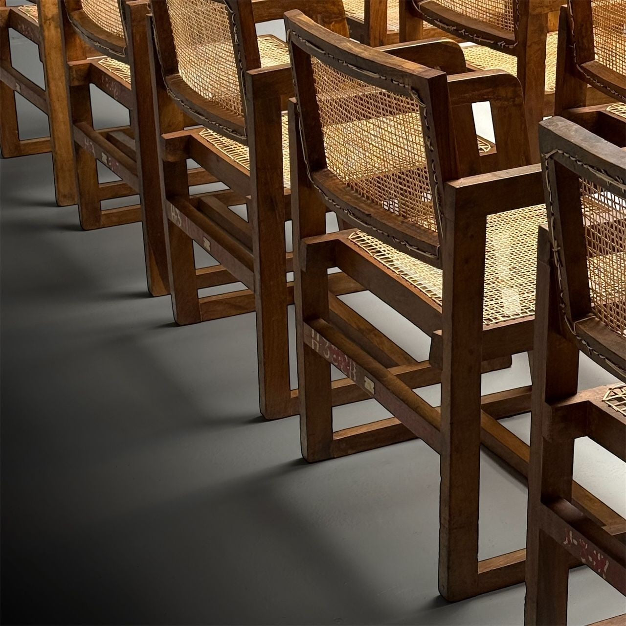 Pierre Jeanneret, French Mid-Century Modern, 12 Box Dining Chairs, Teak, Cane