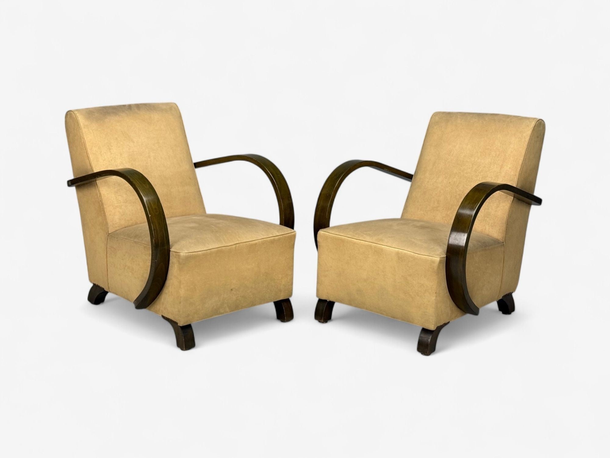 Vittorio Valabrega, Beige Velvet, Bentwood, Lounge Chairs, Italy, 1940s