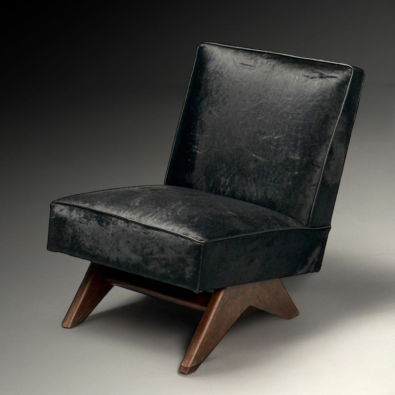 Pierre Jeanneret, French Mid-Century Modern, Slipper Chairs, Black Cowhide, Teak