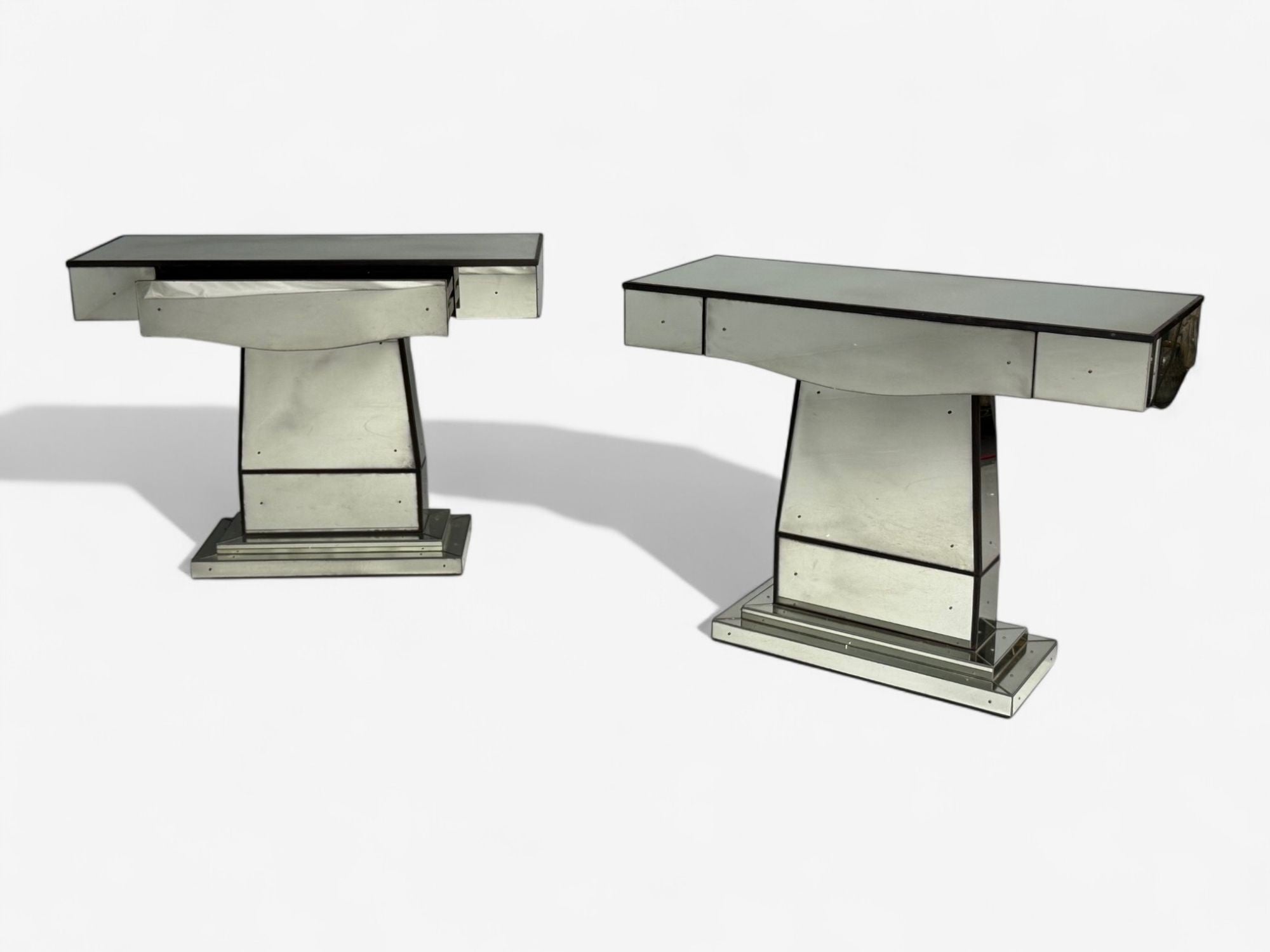 Art Deco Style, Mirrored Console Tables, Painted Wood, Distressed Glass