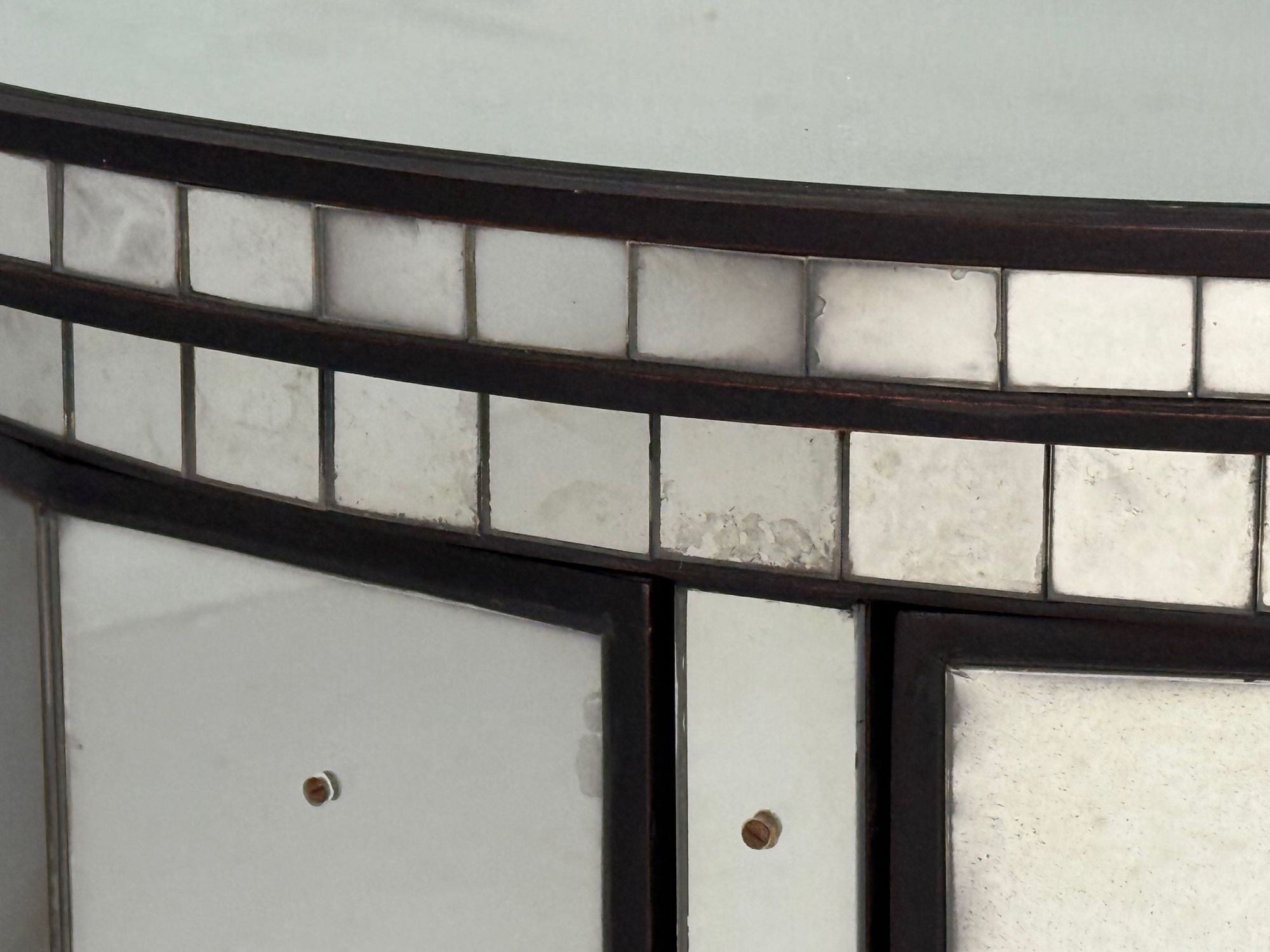 Hollywood Regency Style, Distressed Glass, Mirrored Demilune Cabinet