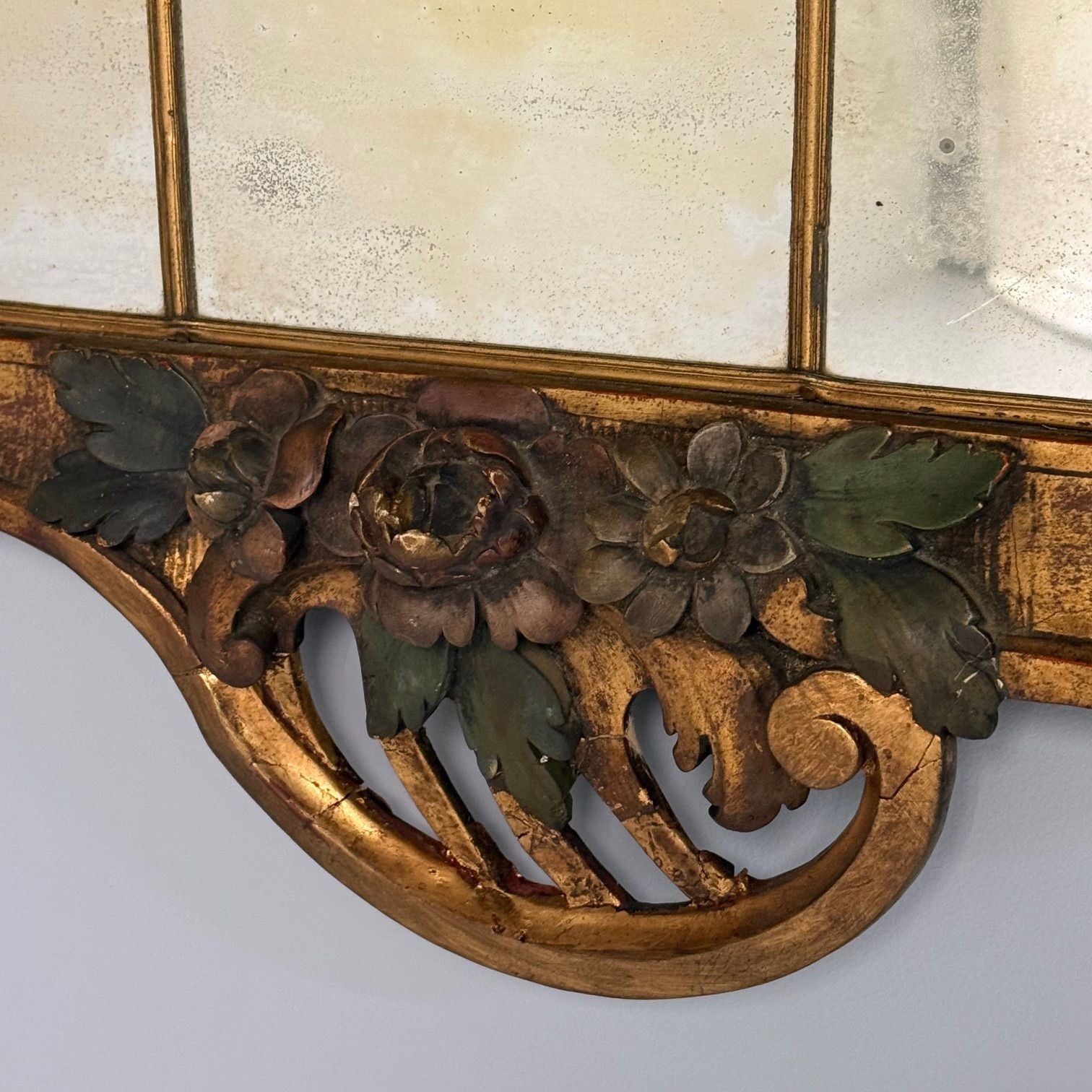 Louis XVI, Wall Mirrors, Giltwood, Antiqued Mirror, Fruitewood Motif 20th C.