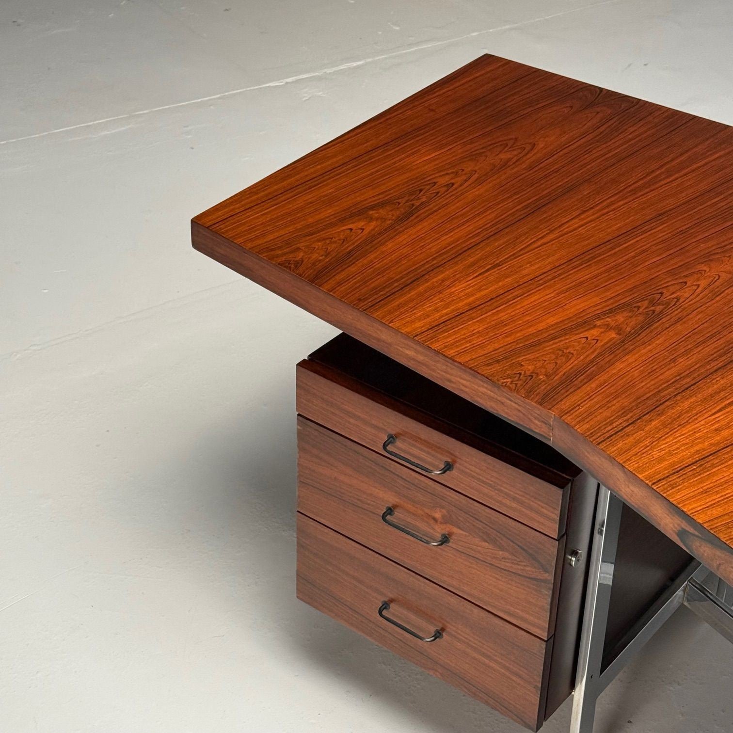 Italian Mid-Century Modern, Demilune Writing Desk, Rosewood, Steel, Italy, 1950s