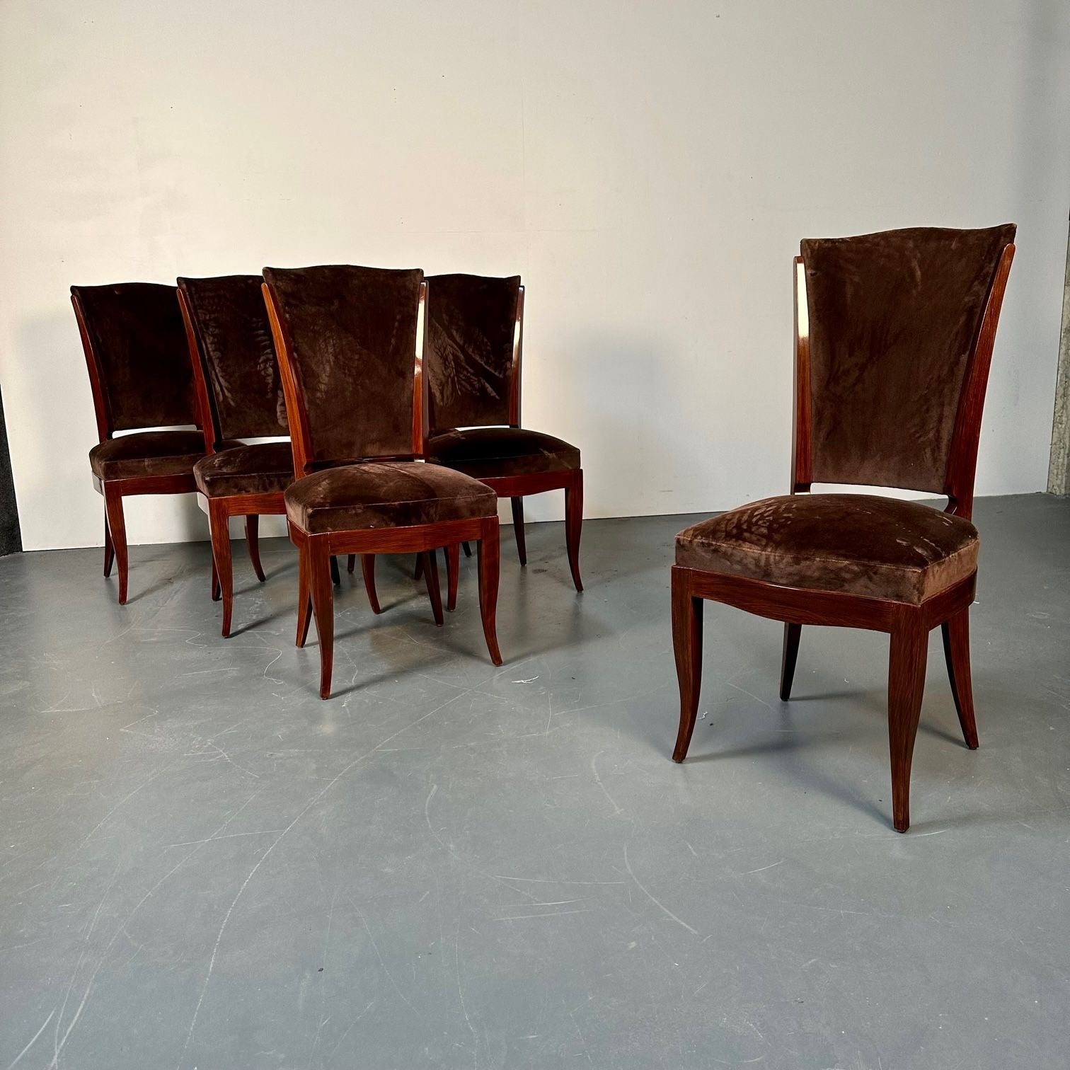 Six French Art Deco Walnut Dining / Side Chairs, Brown Velvet, Ruhlman Style