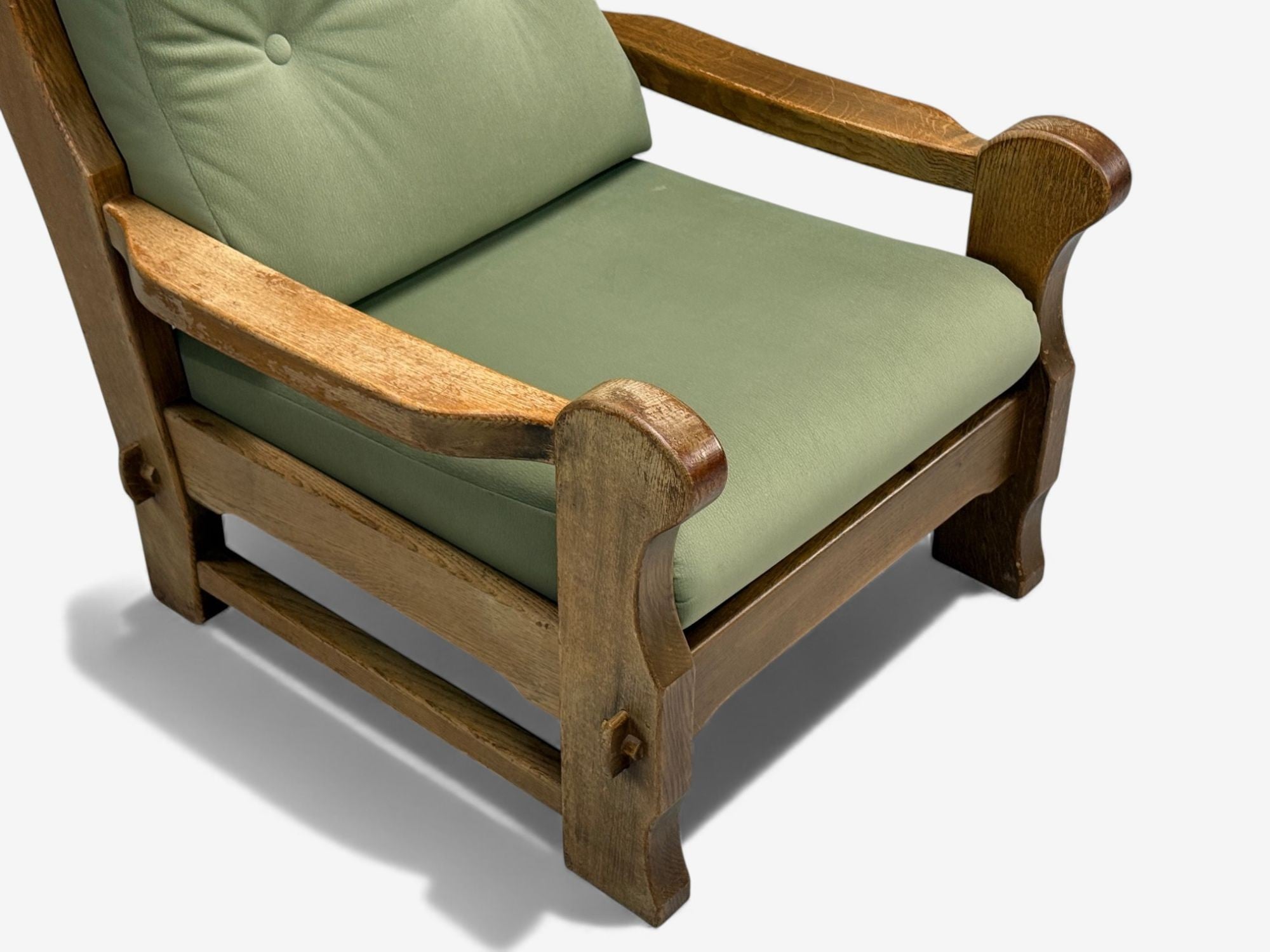 Danish Modern, Oak, Green Nubuck, Brutalist Lounge Chair, Denmark, 1960s