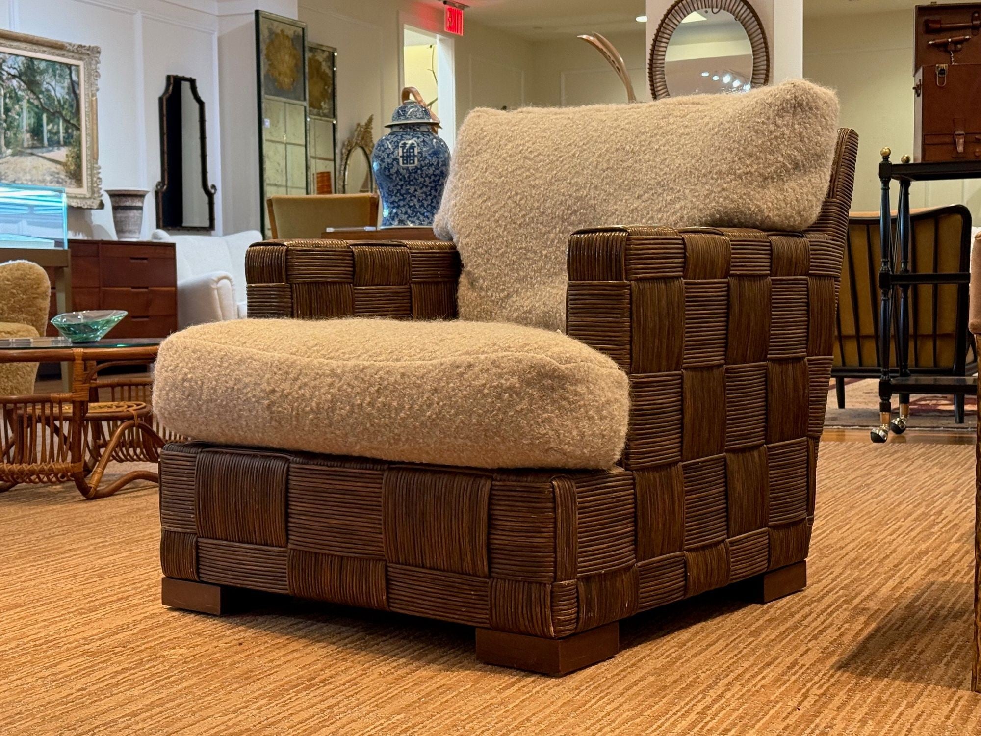 John Hutton, Woven Cane, Mahogany, Oversized Lounge Chairs, USA, 1990s