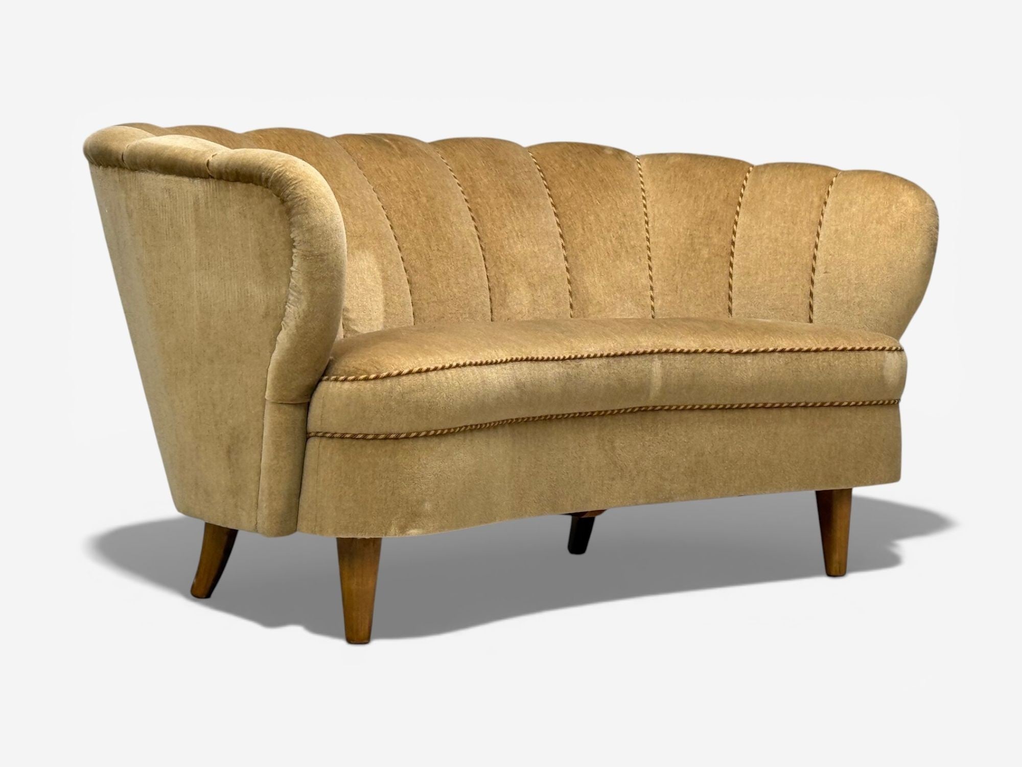 Finnish Modern, Settee, Beige Velvet, Wood, Finland, 1950s