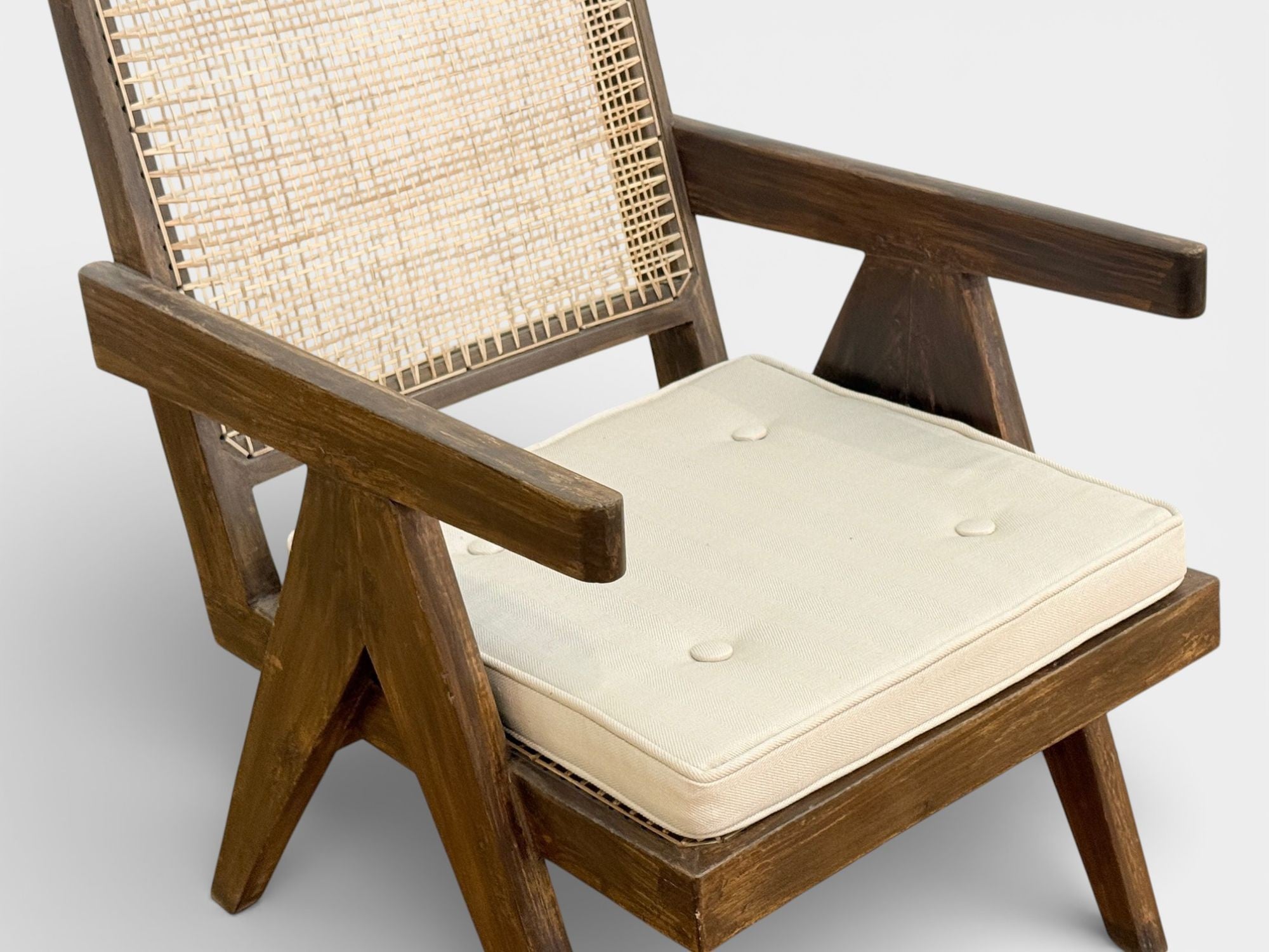Pierre Jeanneret, Teak, Cane, Low Easy Chairs, Chandigarh, India c. 1960s