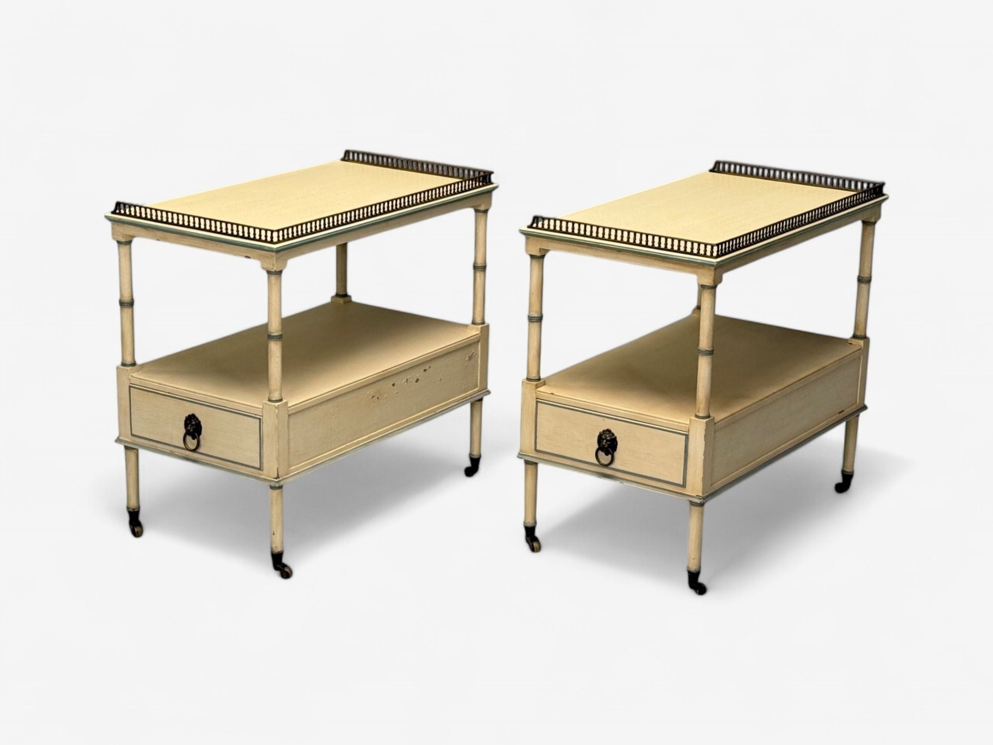 Kittinger, Hollywood Regency Style, Side Tables, Faux Bamboo Painted Wood, Brass