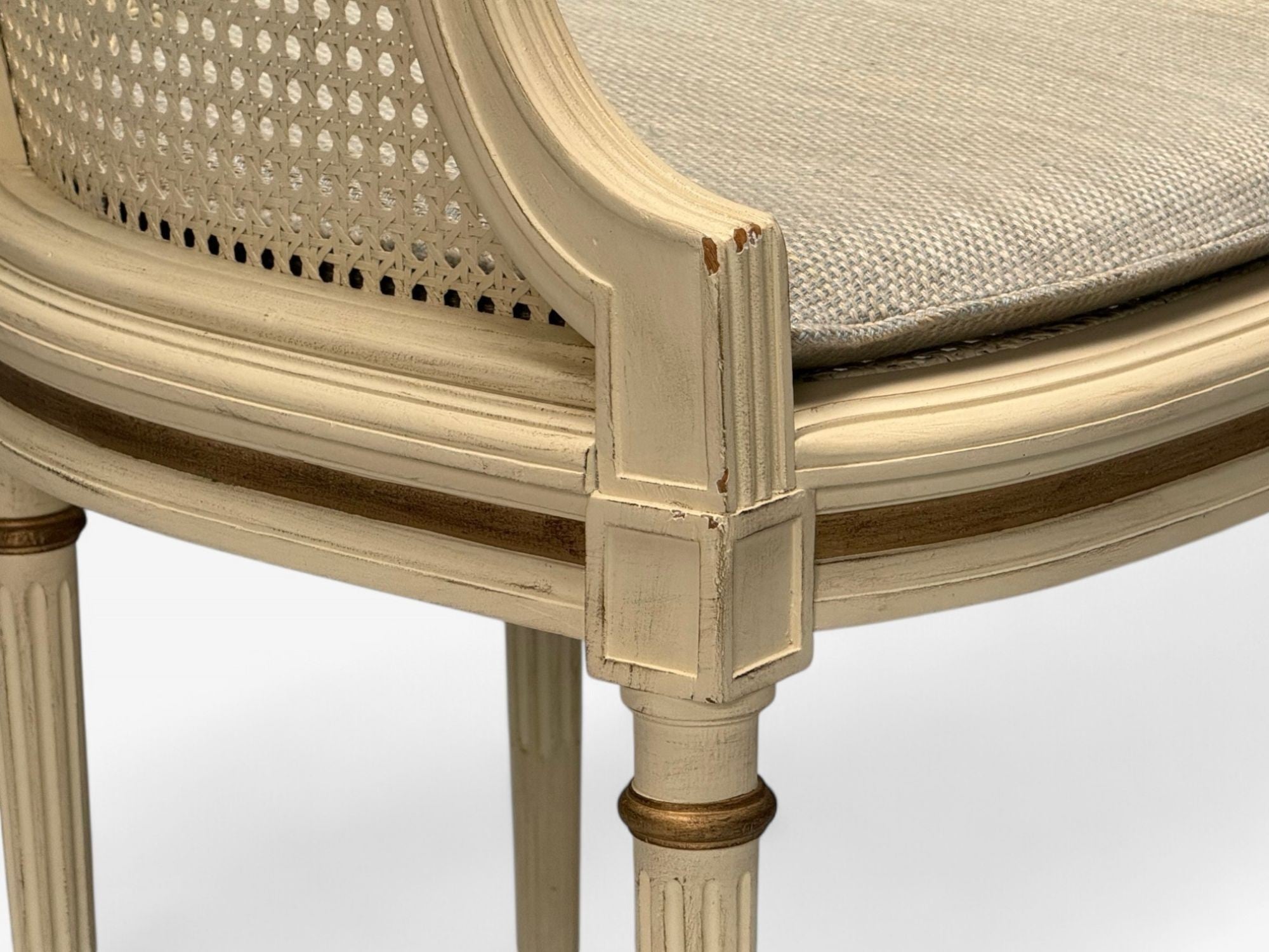 Louis XVI Style, Barrel Back Occasional Chair, Cream Painted Wood, Cane, 1960s