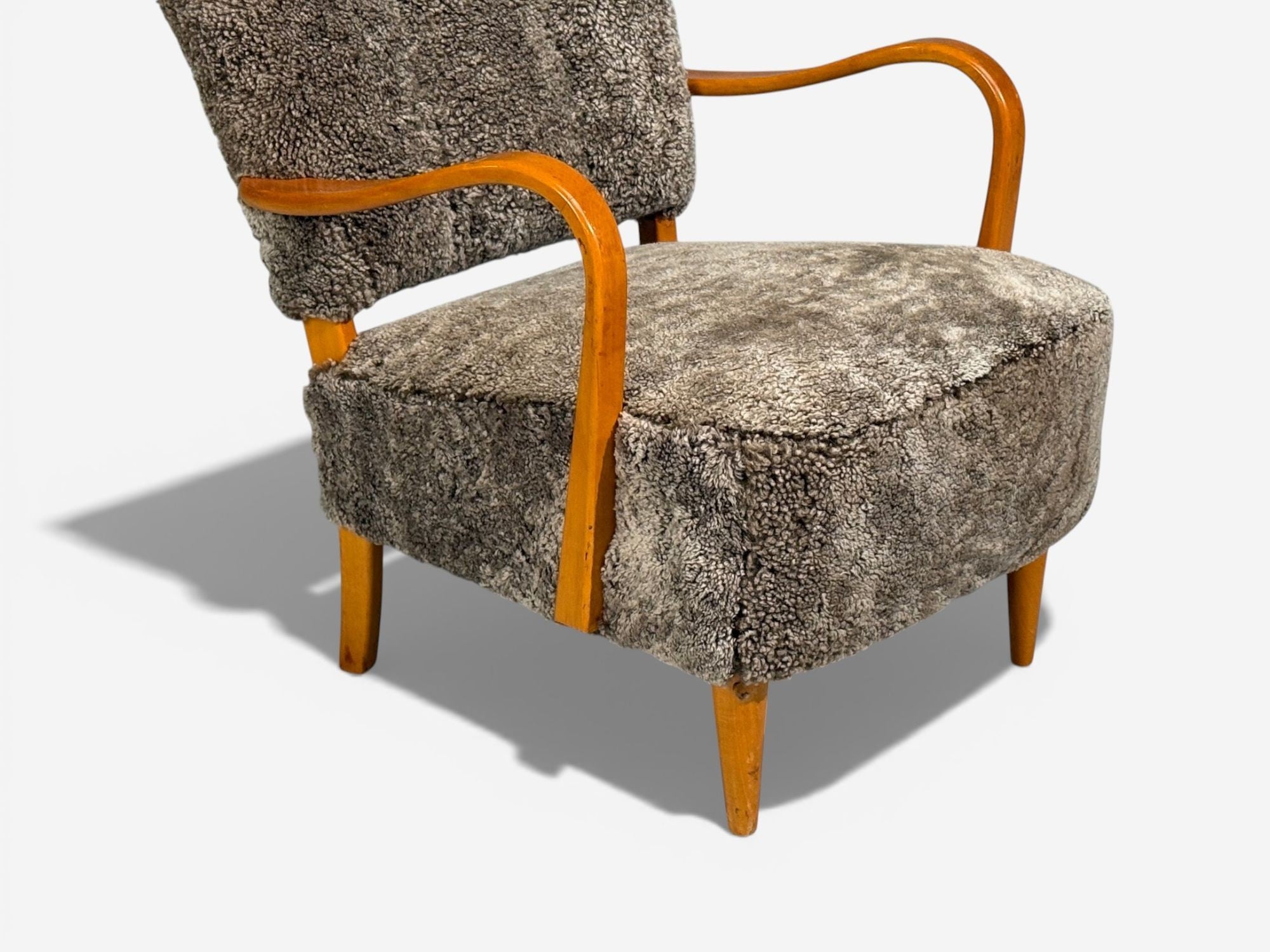Swedish Modern, Lounge Chairs, Elm, Gray Shearling, Sweden, 1940s