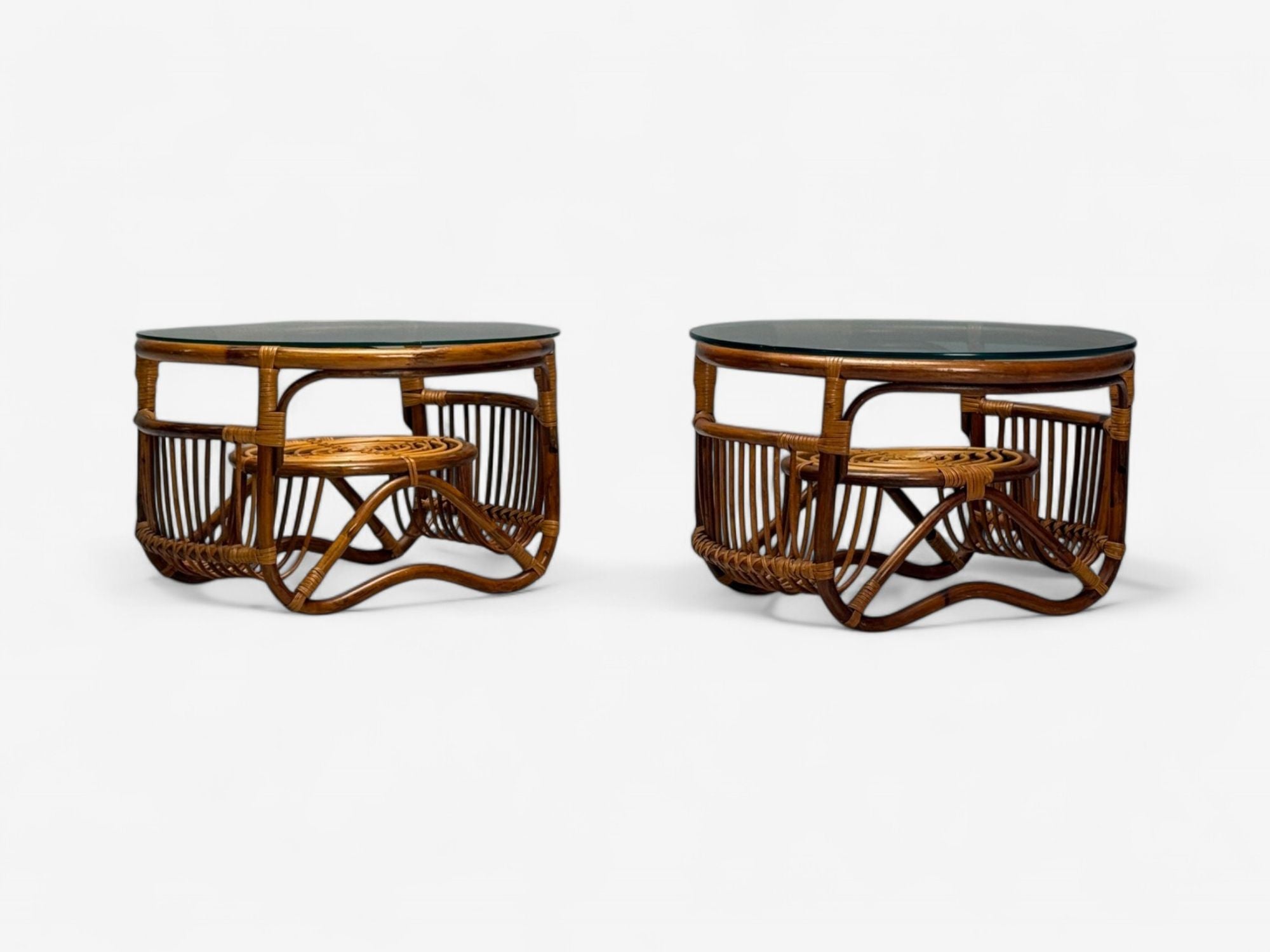 Franco Albini Style, Italian Mid-Century Modern, Side Tables, Bamboo, Rattan