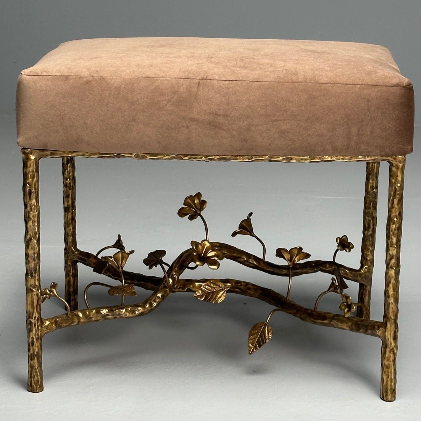 Giacometti Style, Hammered Bronze, Brown Velvet, Occasional Benches
