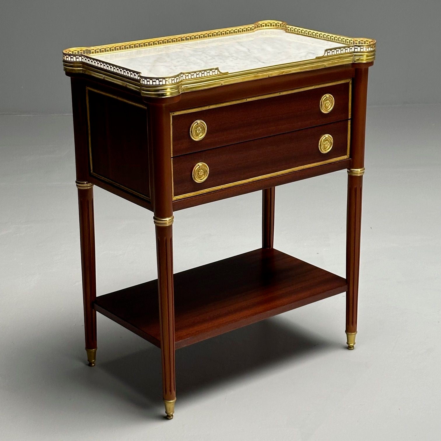 Maison Jansen Style, Hollywood Regency, Mahogany, Marble, Brass, Nightstands