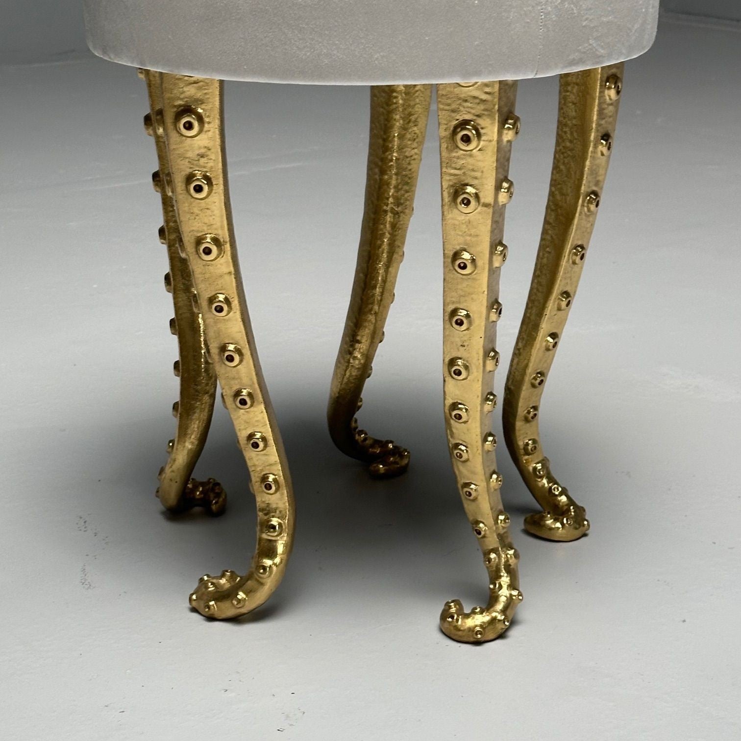 Modern Octopus Stools, Cast Gilt Bronze, Grey Velvet
