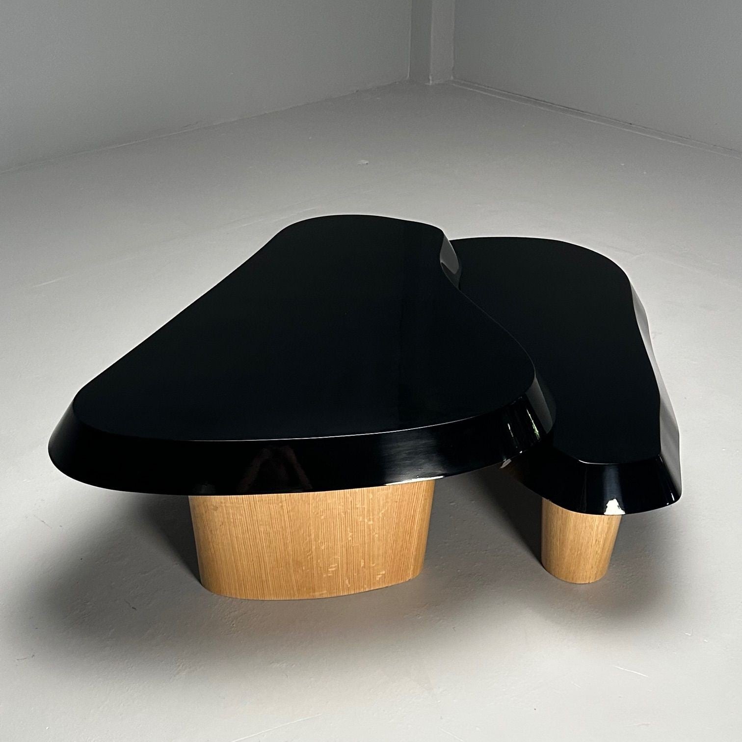 Contemporary, Organic Modern, Nesting Coffee Tables, Black Lacquer, Oak, 21st C.