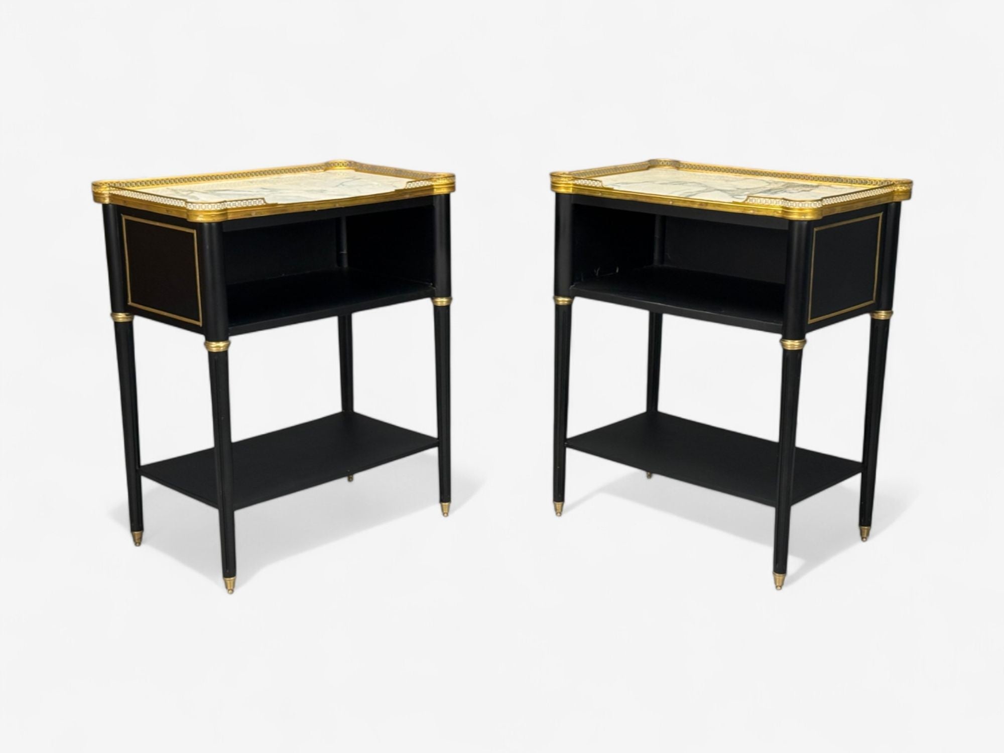 Maison Jansen Style, Hollywood Regency, Brass, Marble, Ebonized Open Nightstands