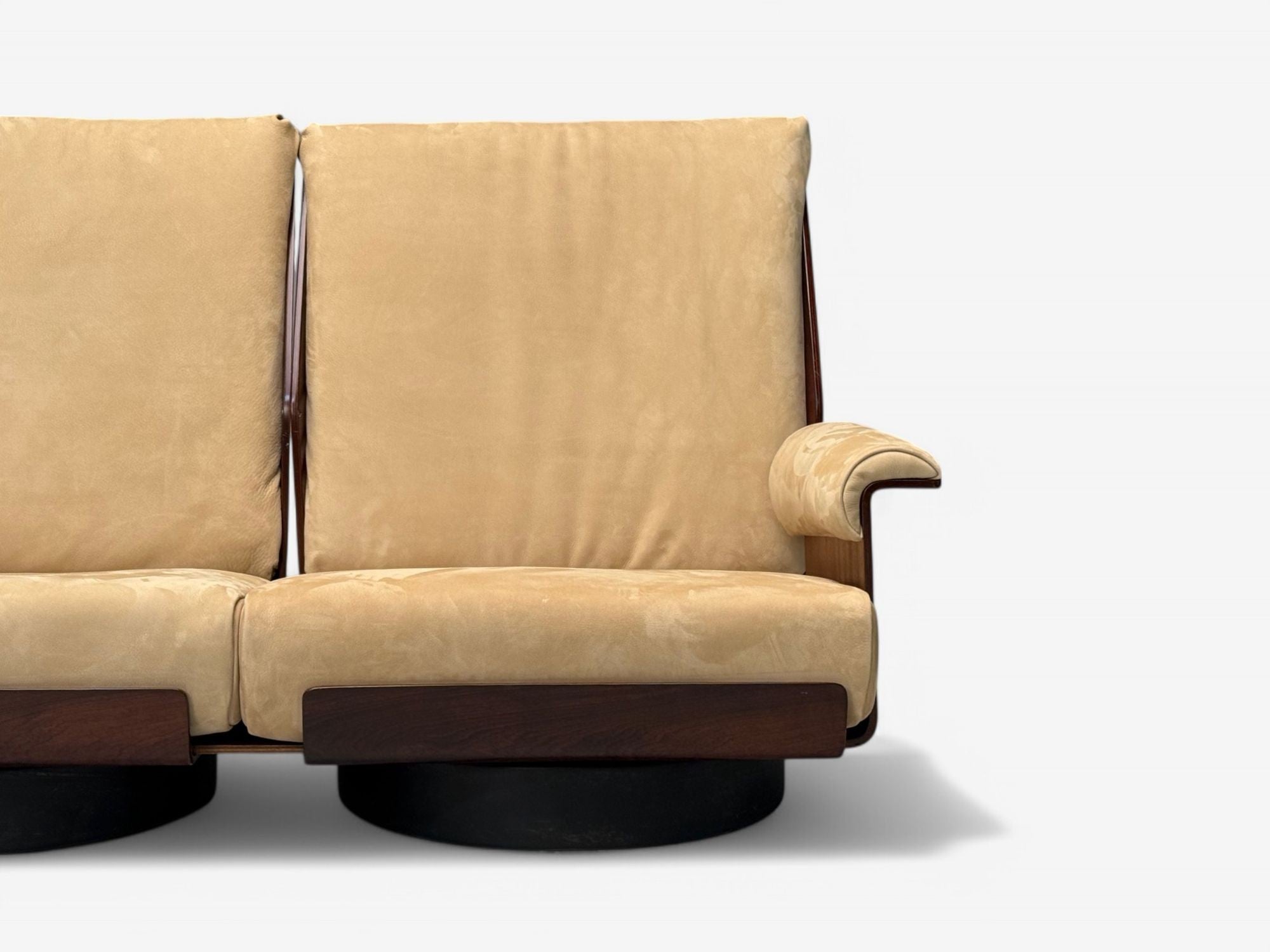 Bernard Brunier, French Mid-Century Modern, Rosewood, Suede, Settee, 1960s