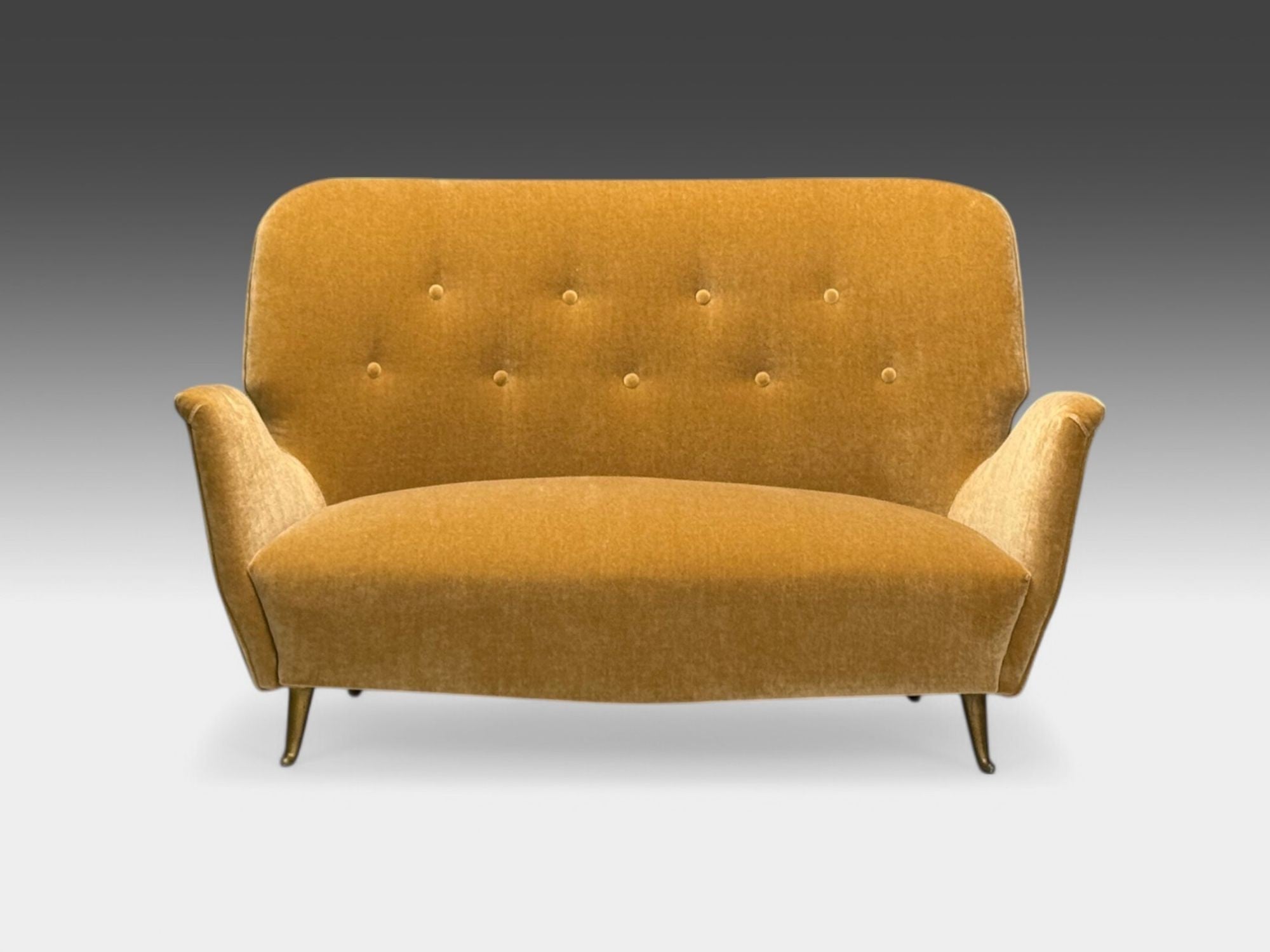 ISA Bergamo, Italian Mid-Century Modern, Bronze, Camel Mohair, Settee, 1950s